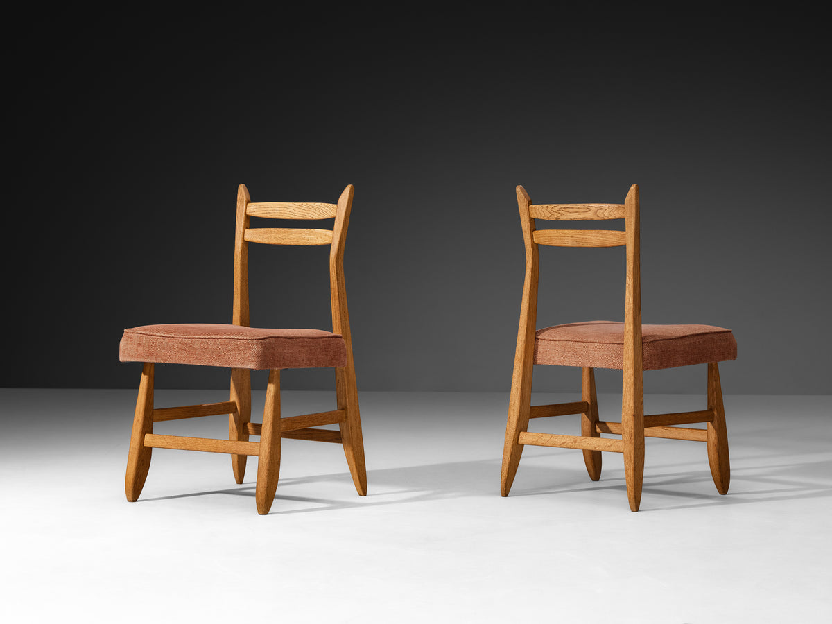 Guillerme & Chambron for Votre Maison Set of Six Dining Chairs in Oak Orange Seats Seating Morentz