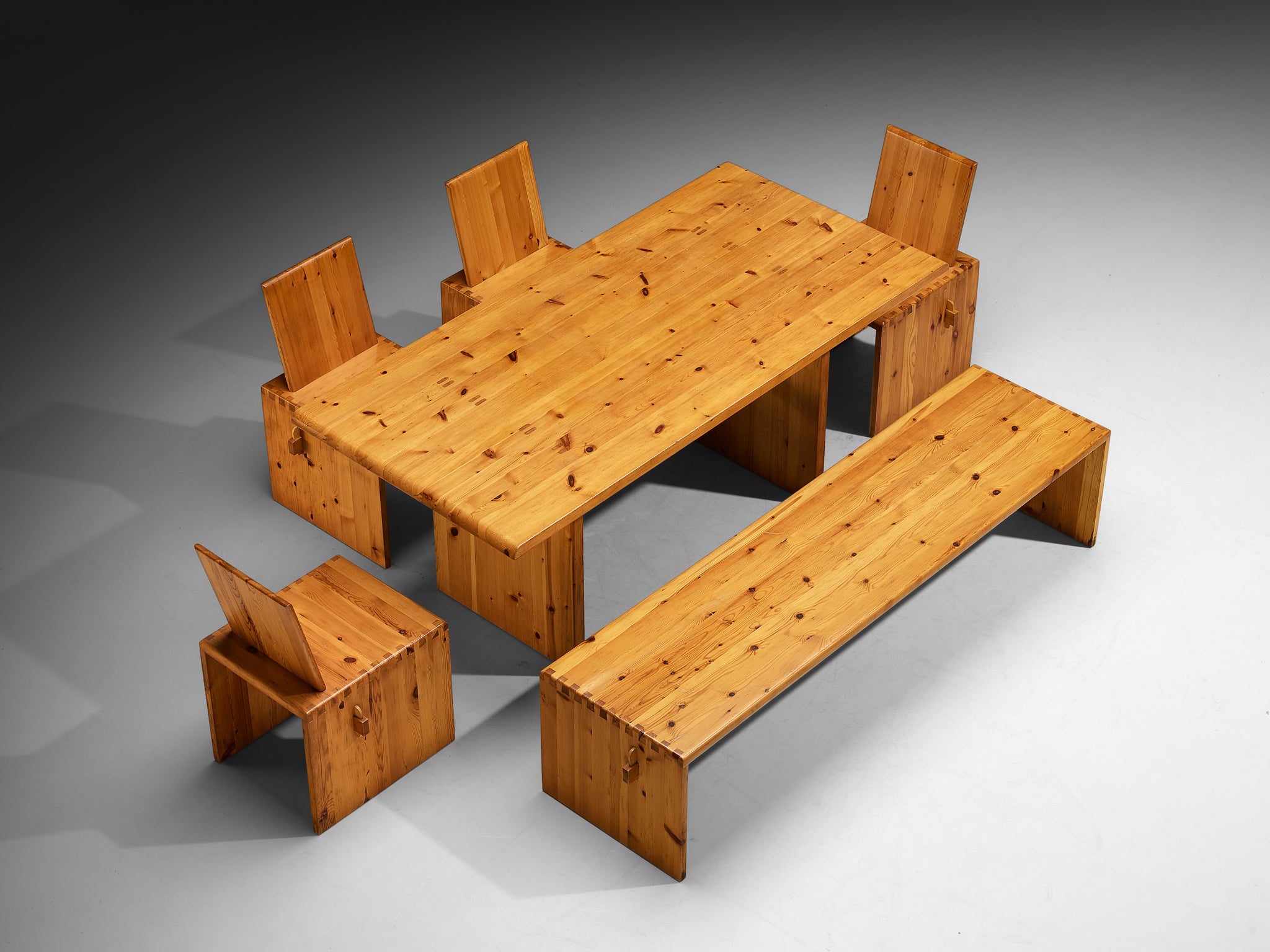 1970s Dining Set in Solid Pine with Table Chairs and Bench
