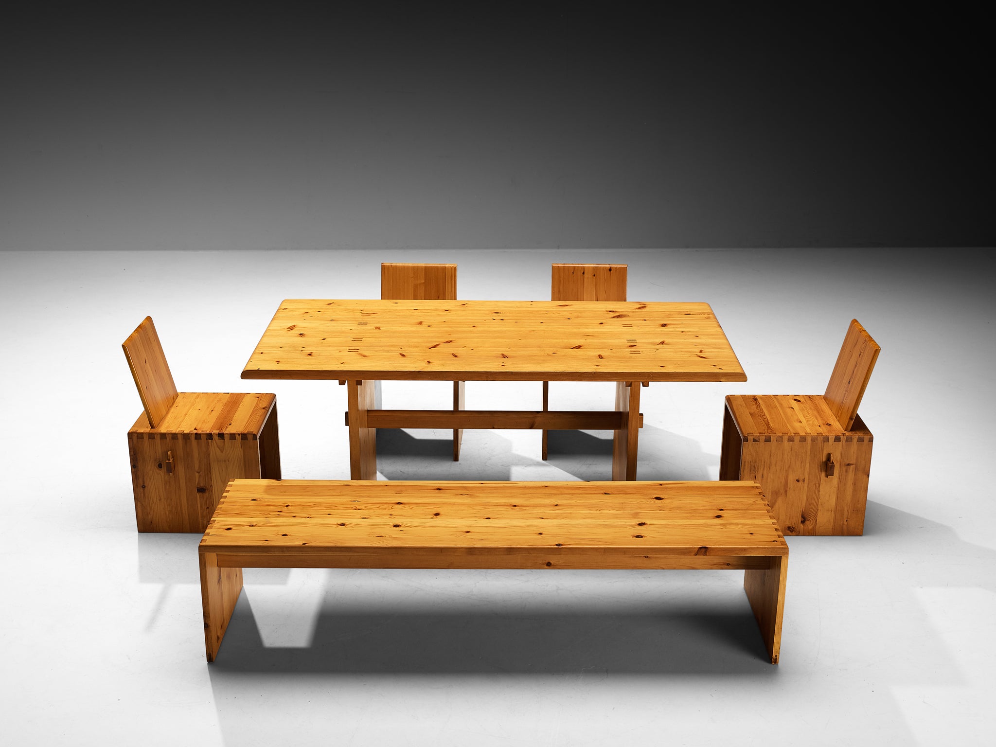 1970s Dining Set in Solid Pine with Table Chairs and Bench