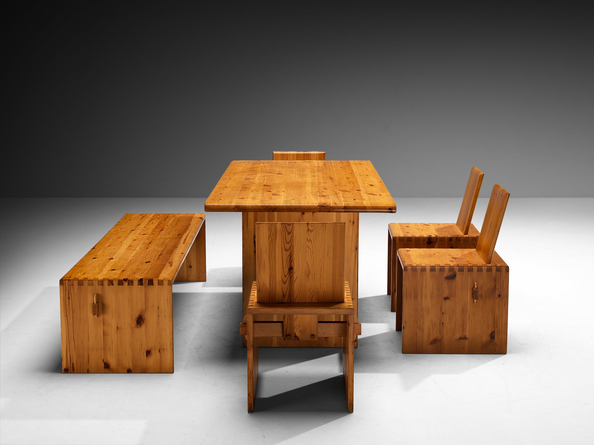 1970s Dining Set in Solid Pine with Table Chairs and Bench