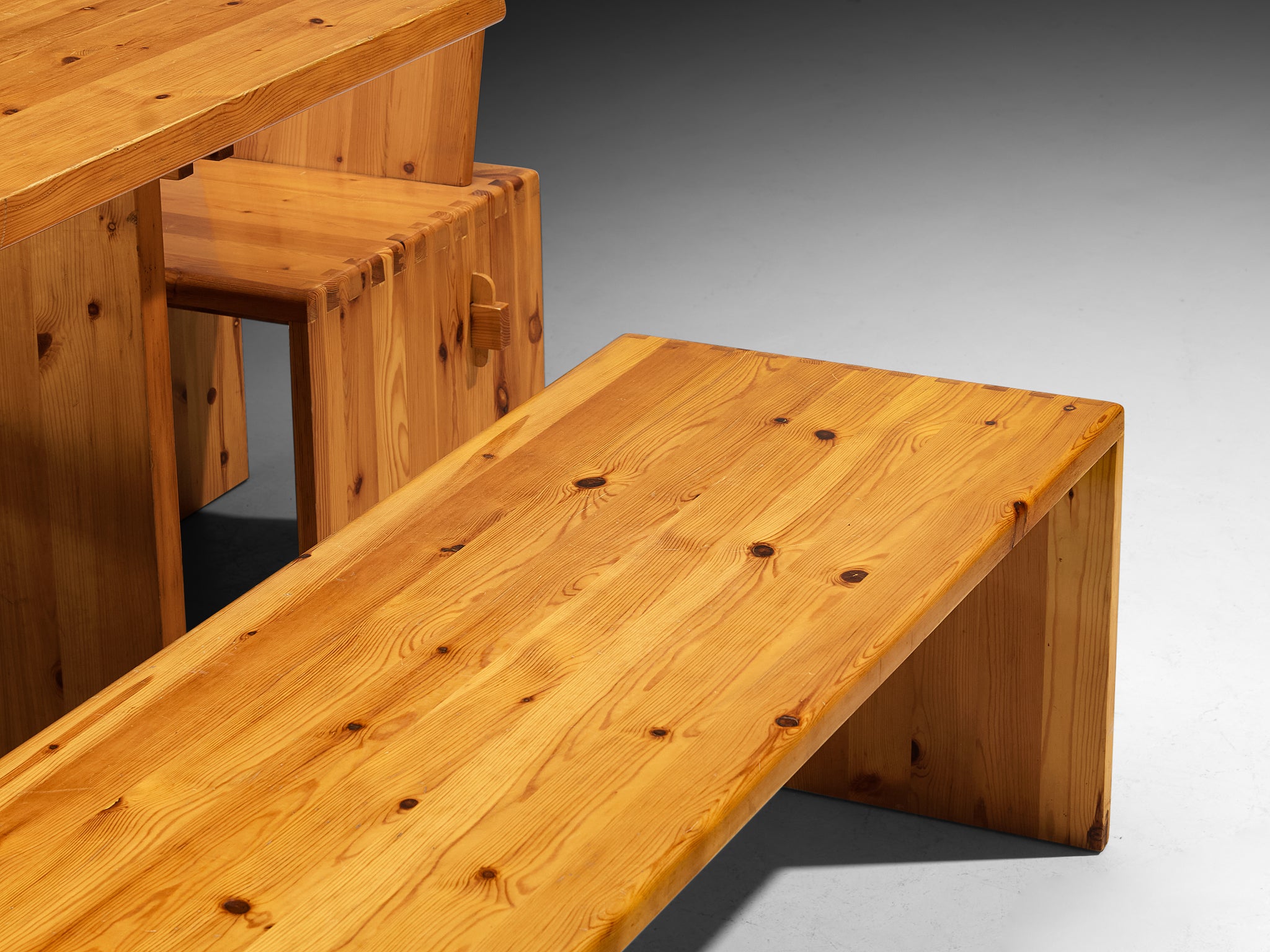 1970s Dining Set in Solid Pine with Table Chairs and Bench