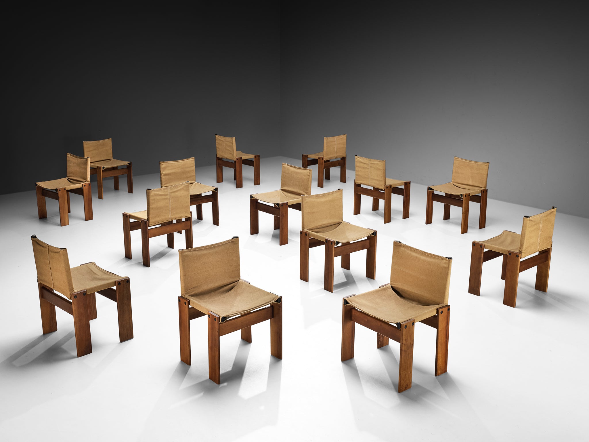 Afra & Tobia Scarpa for Molteni Rare Large Set of 14 'Monk' Chairs in Original Canvas and Walnut
