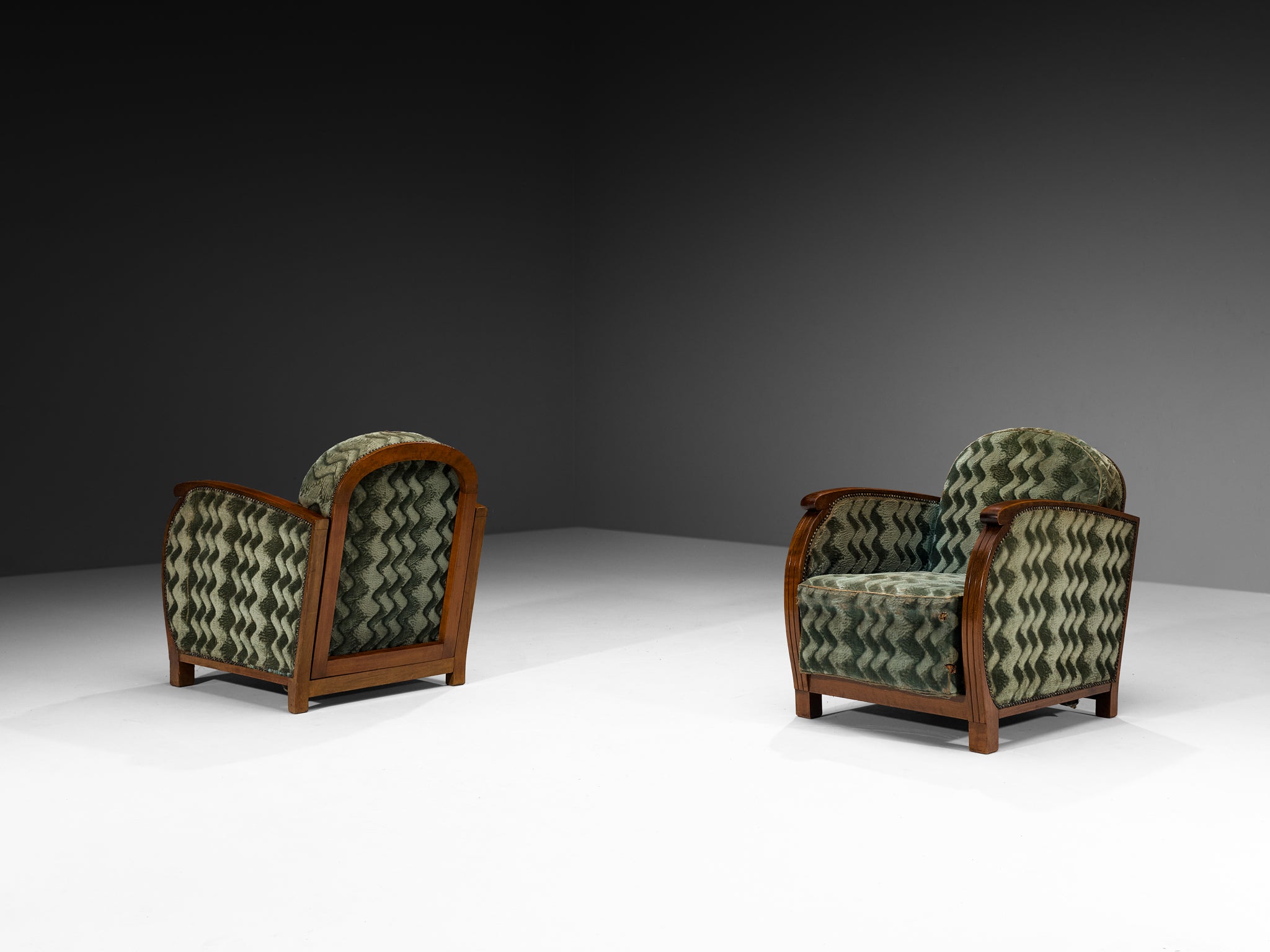 Pair of French Art Deco Armchairs in Geometric Green Fabric Seating Morentz