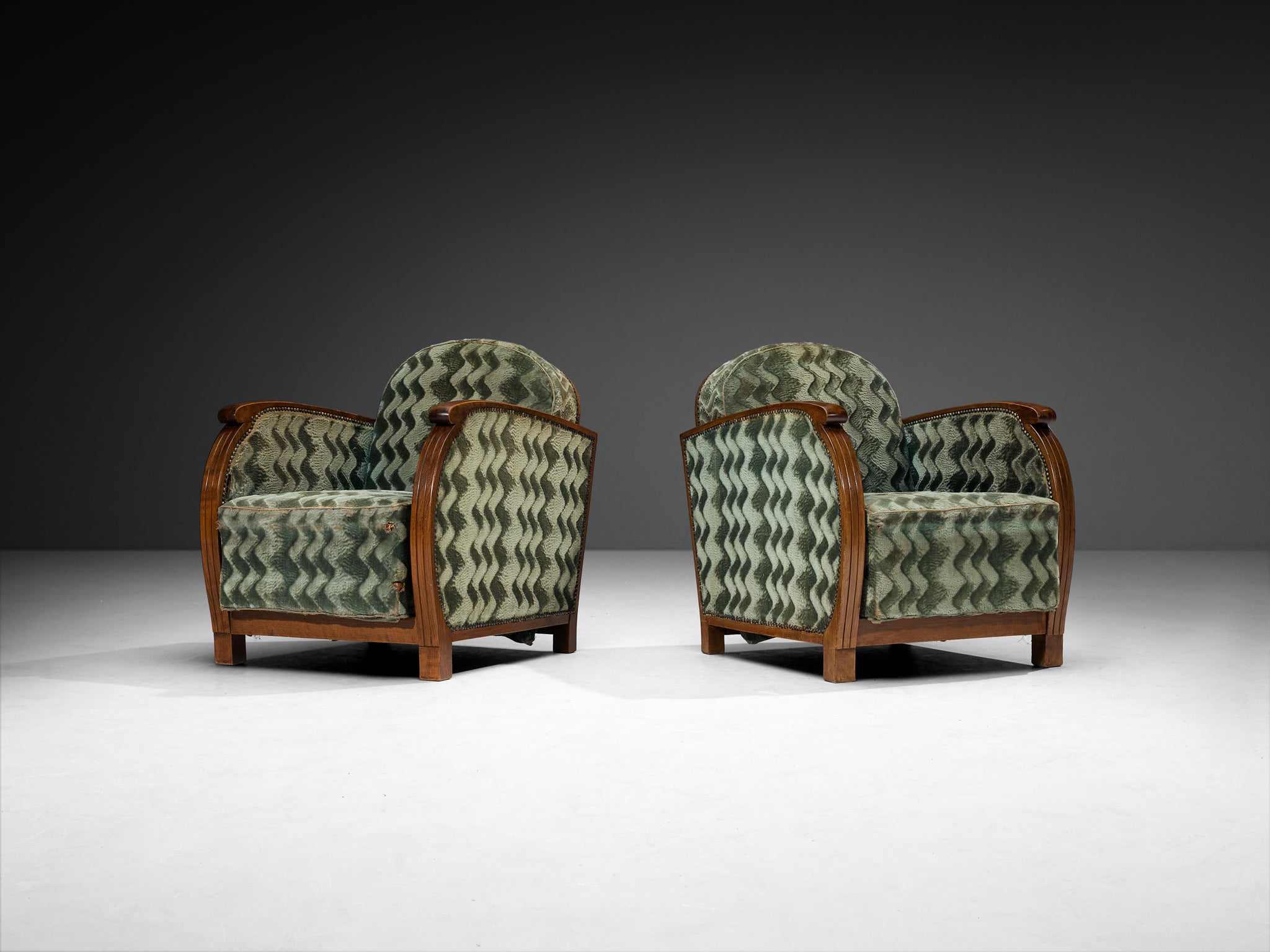 Pair of French Art Deco Armchairs in Geometric Green Fabric Seating Morentz
