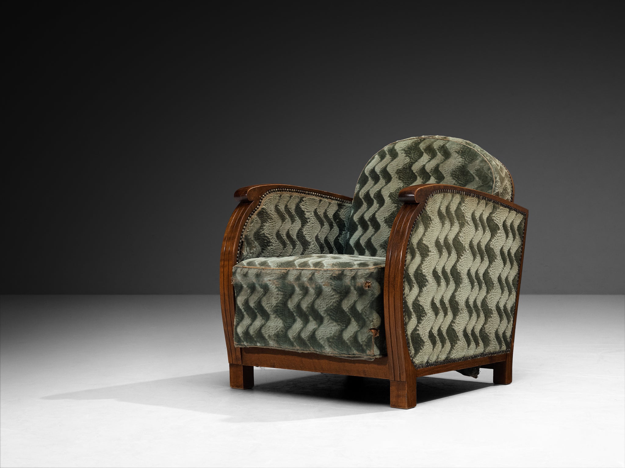 Pair of French Art Deco Armchairs in Geometric Green Fabric Seating Morentz