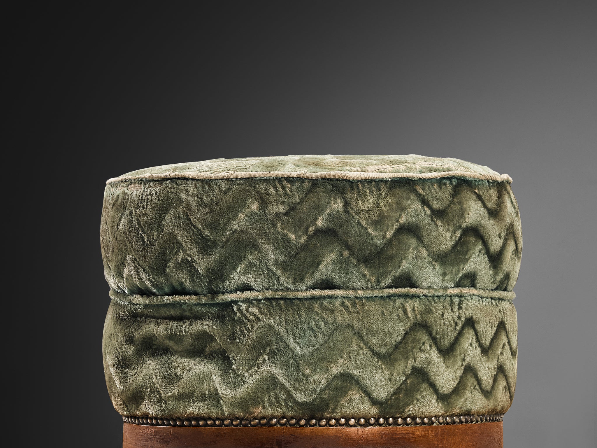 Art Deco Round Ottoman in Wood and Patterned Fabric Seating Morentz