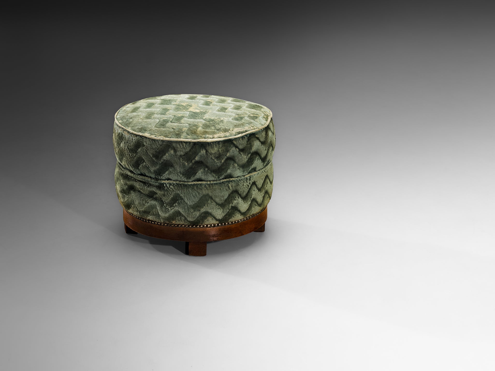 Art Deco Round Ottoman in Wood and Patterned Fabric Seating Morentz