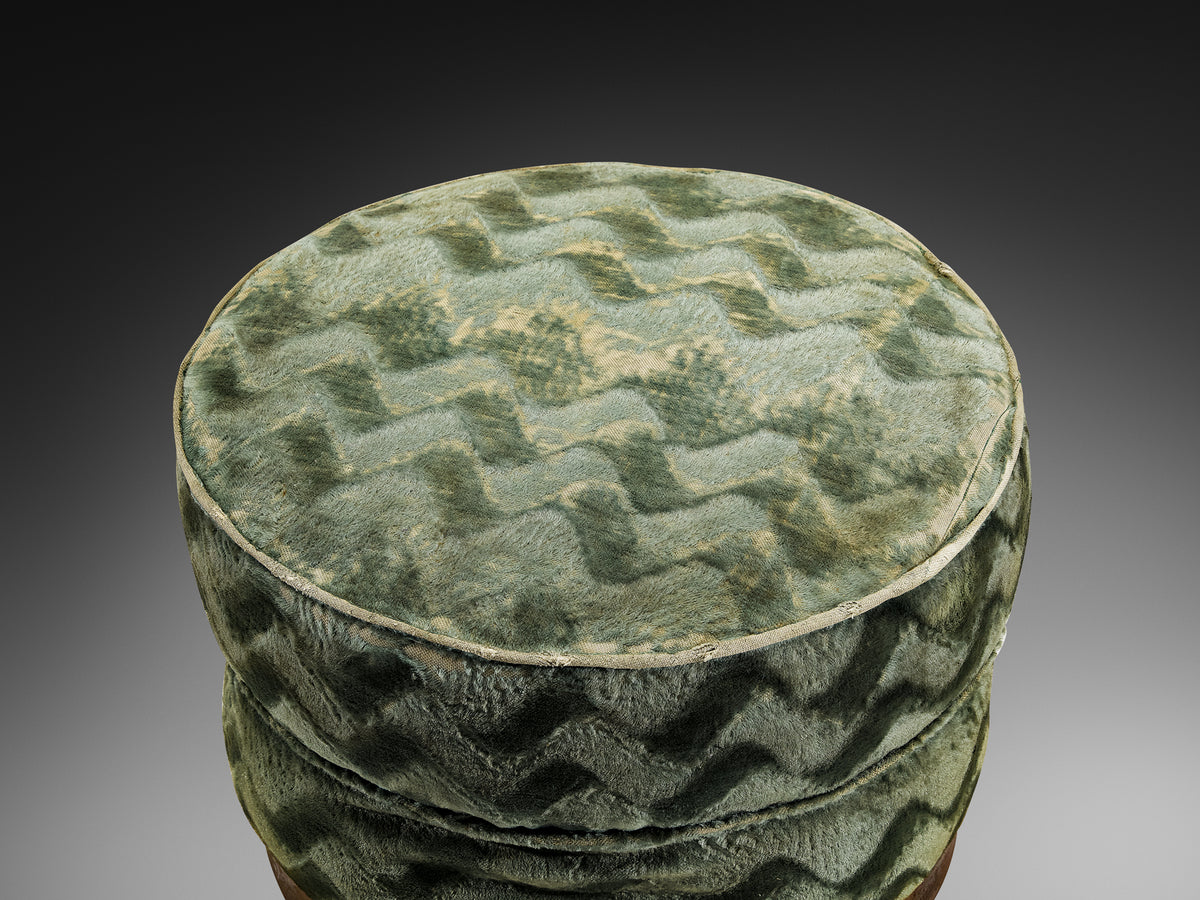 Art Deco Round Ottoman in Wood and Patterned Fabric Seating Morentz