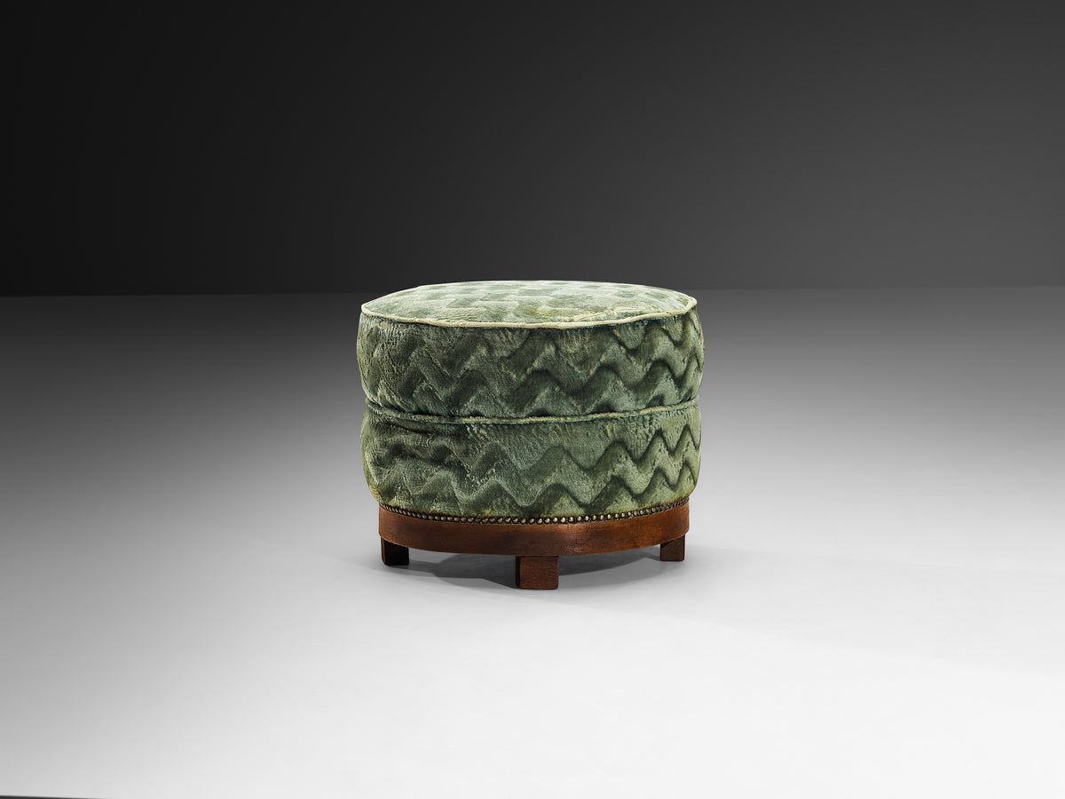Art Deco Round Ottoman in Wood and Patterned Fabric Seating Morentz