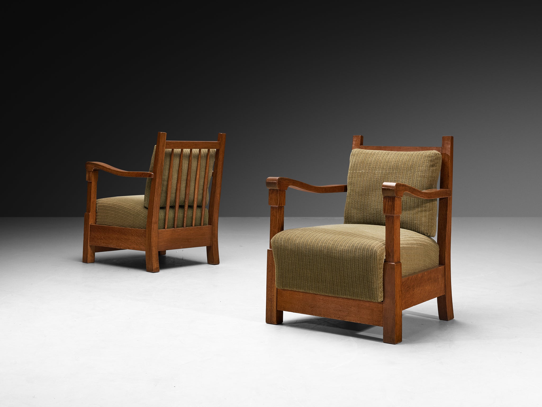 Art Deco Lounge Chairs with Oak Slatted Frame and Olive Green Fabric Seating Morentz