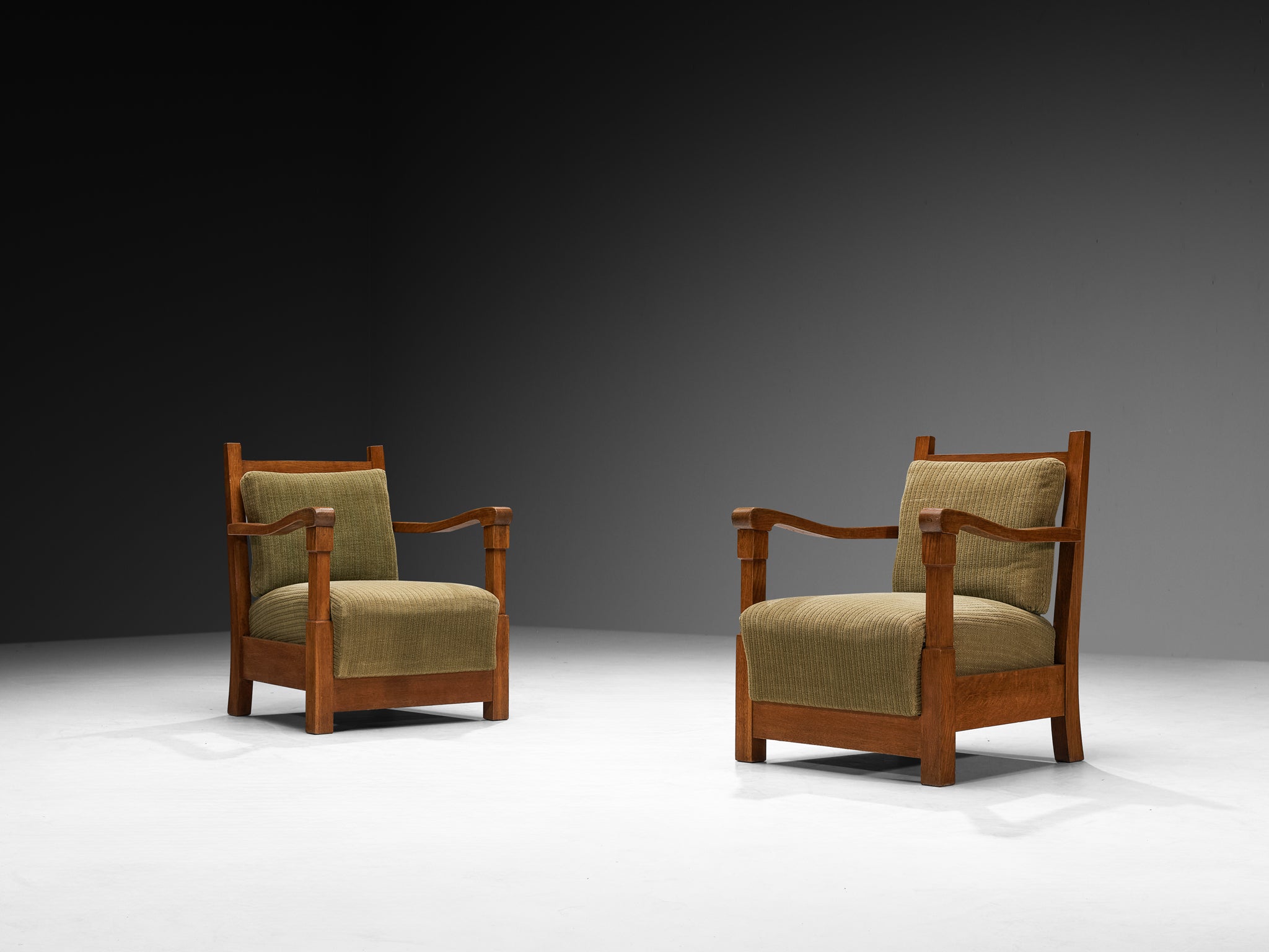 Art Deco Lounge Chairs with Oak Slatted Frame and Olive Green Fabric Seating Morentz