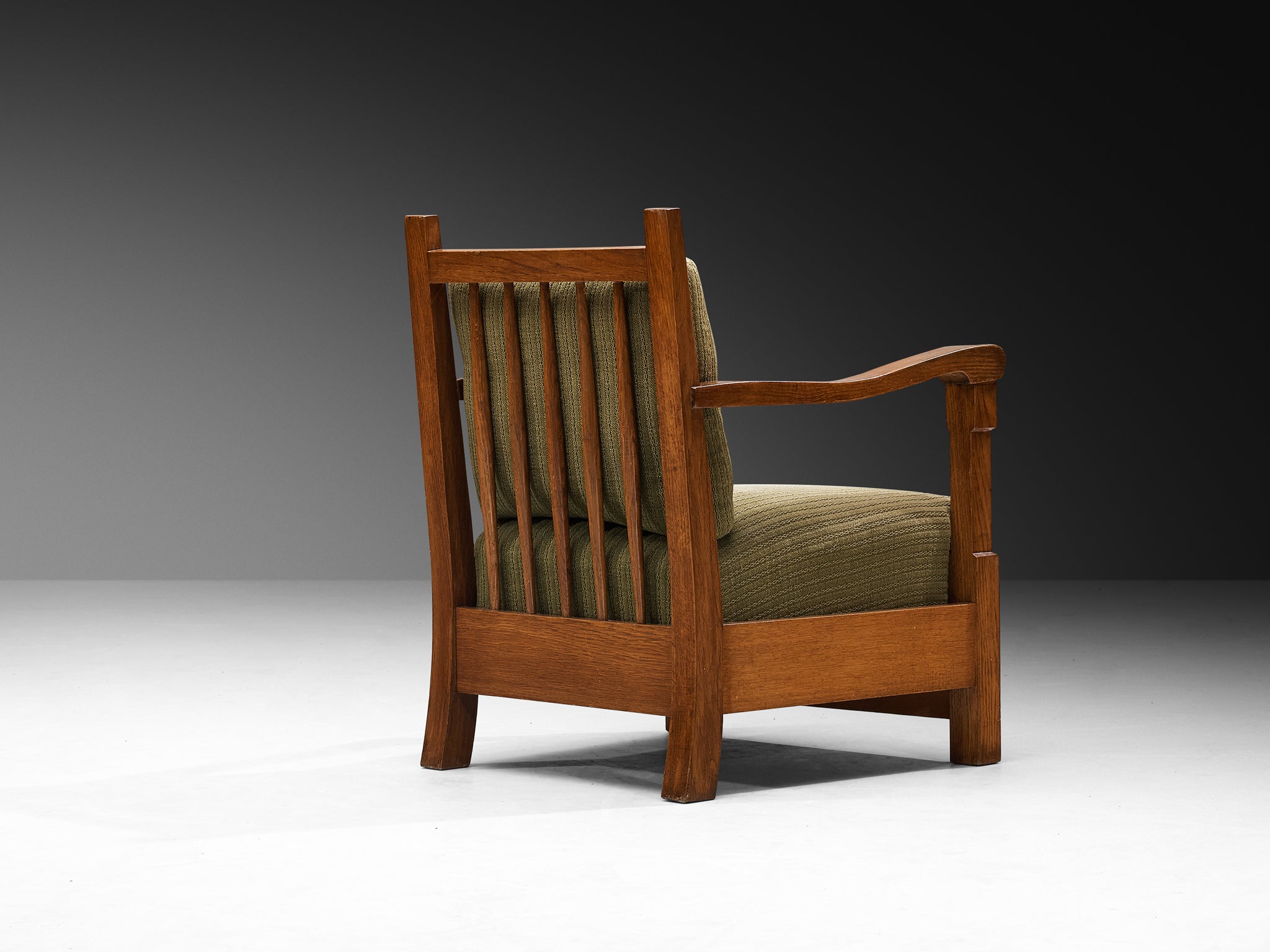 Art Deco Lounge Chairs with Oak Slatted Frame and Olive Green Fabric Seating Morentz