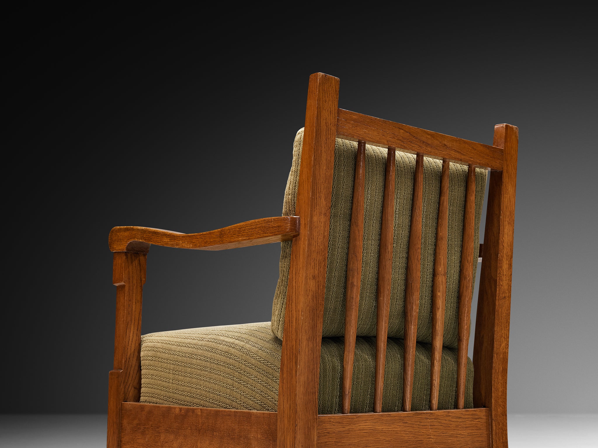 Art Deco Lounge Chairs with Oak Slatted Frame and Olive Green Fabric Seating Morentz