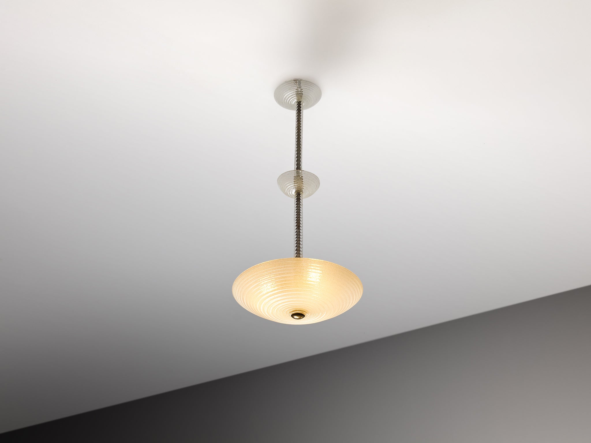 Italian Mid-Century Pendant Light in Ribbed Murano Glass and Brass Lighting Morentz