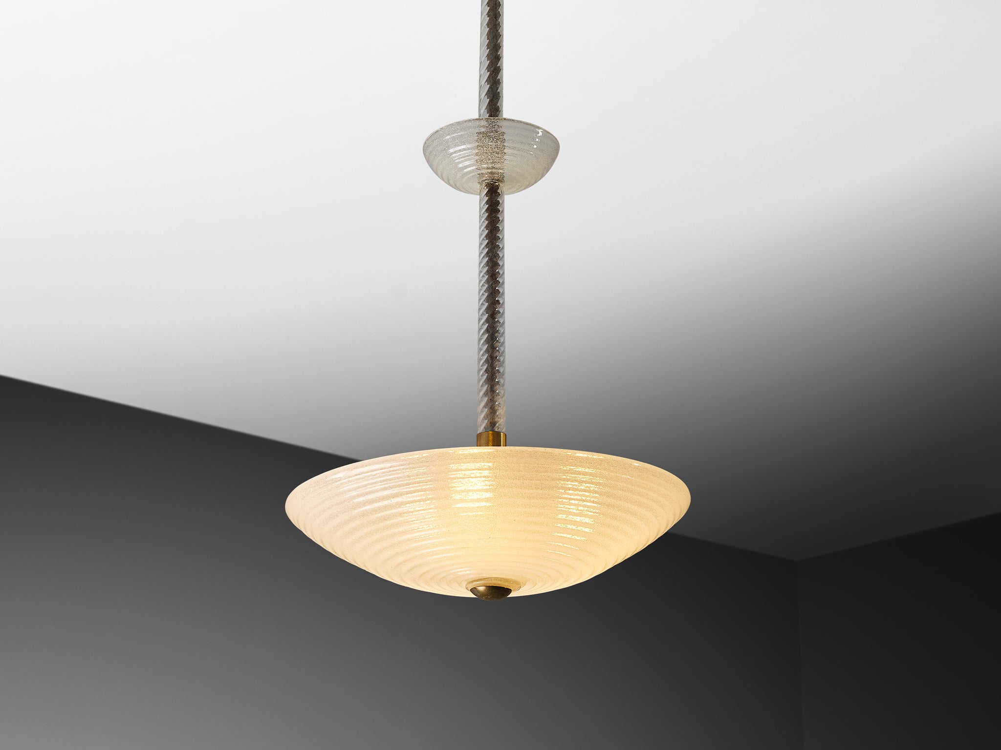 Italian Mid-Century Pendant Light in Ribbed Murano Glass and Brass Lighting Morentz
