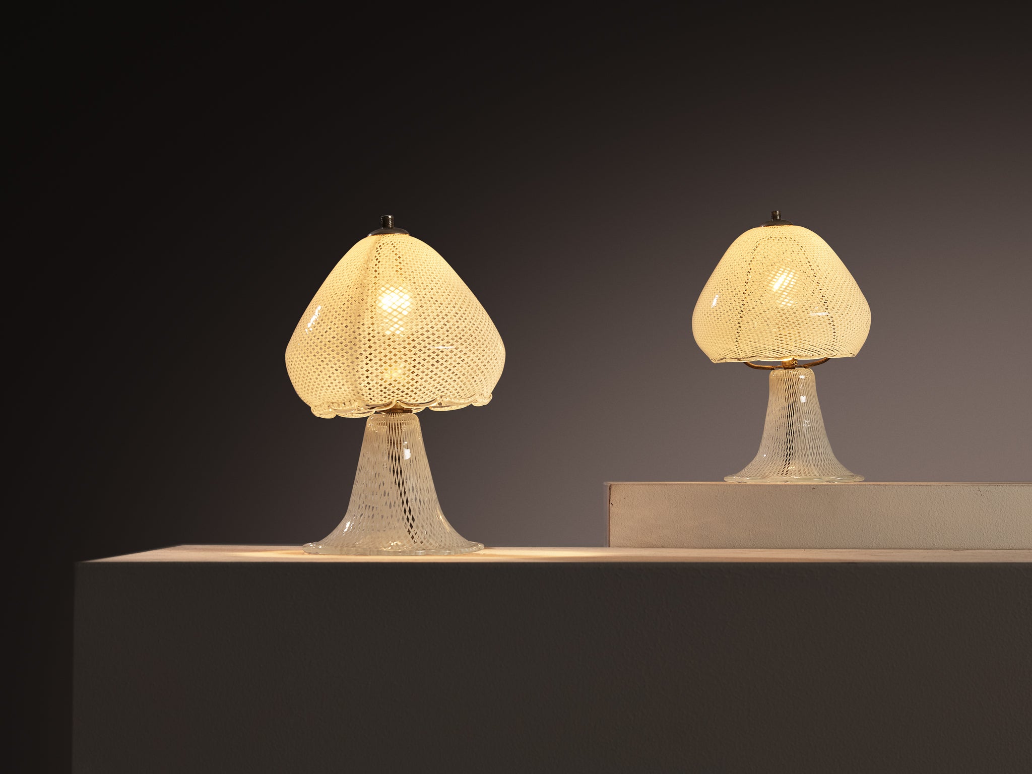 Pair of Italian Table Lamps in Reticello Murano Glass Lighting Morentz