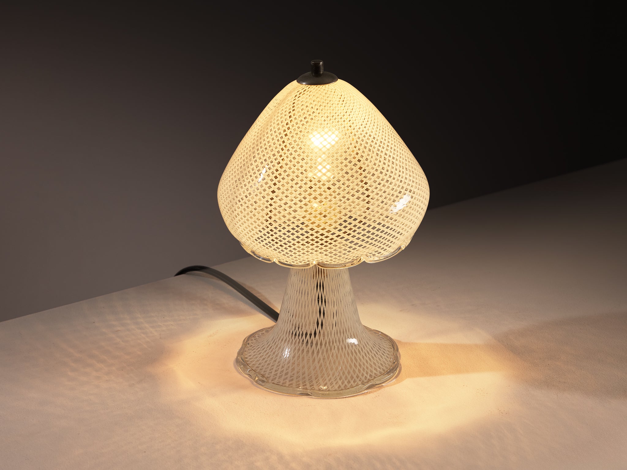 Pair of Italian Table Lamps in Reticello Murano Glass Lighting Morentz