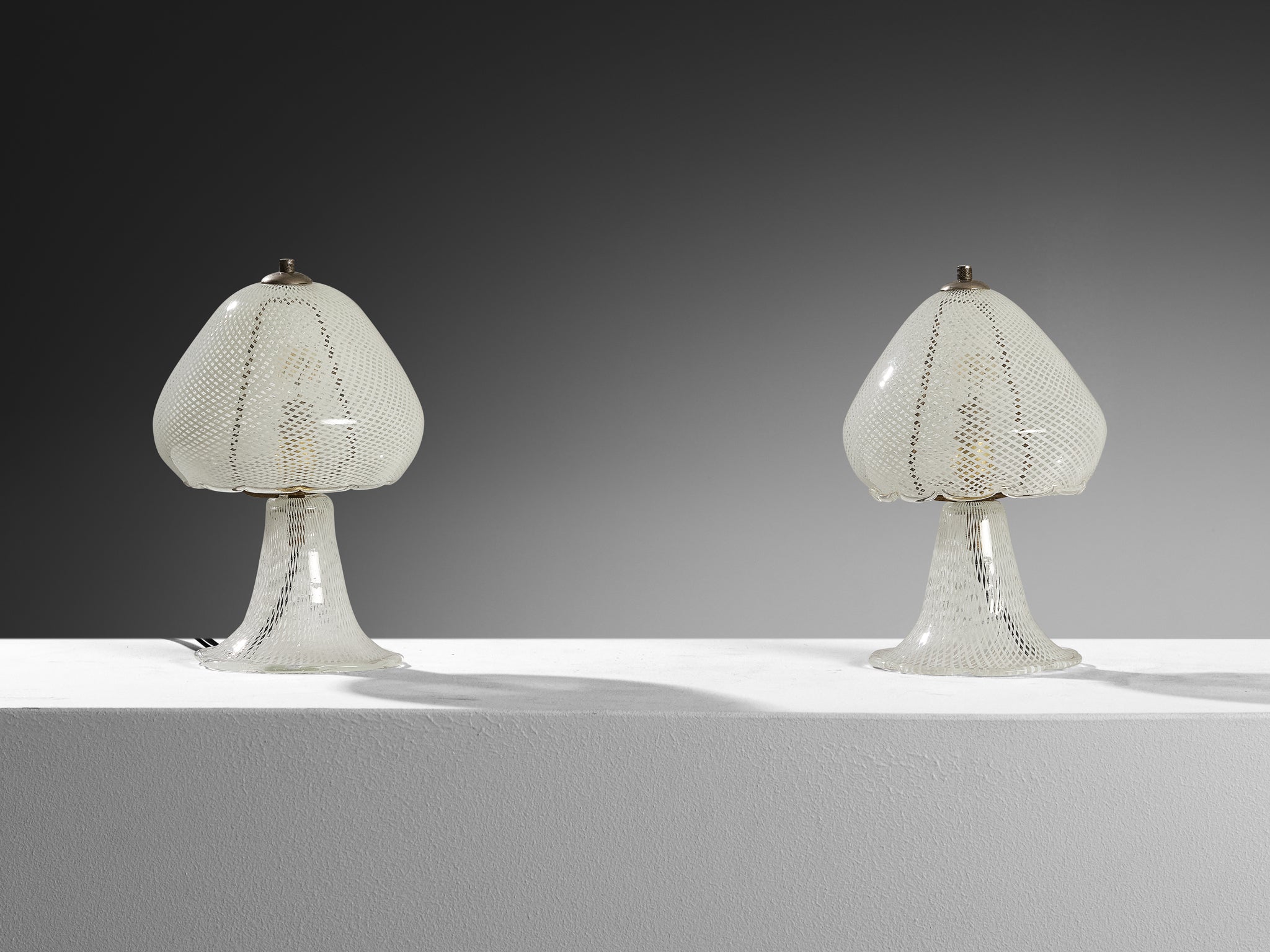 Pair of Italian Table Lamps in Reticello Murano Glass Lighting Morentz