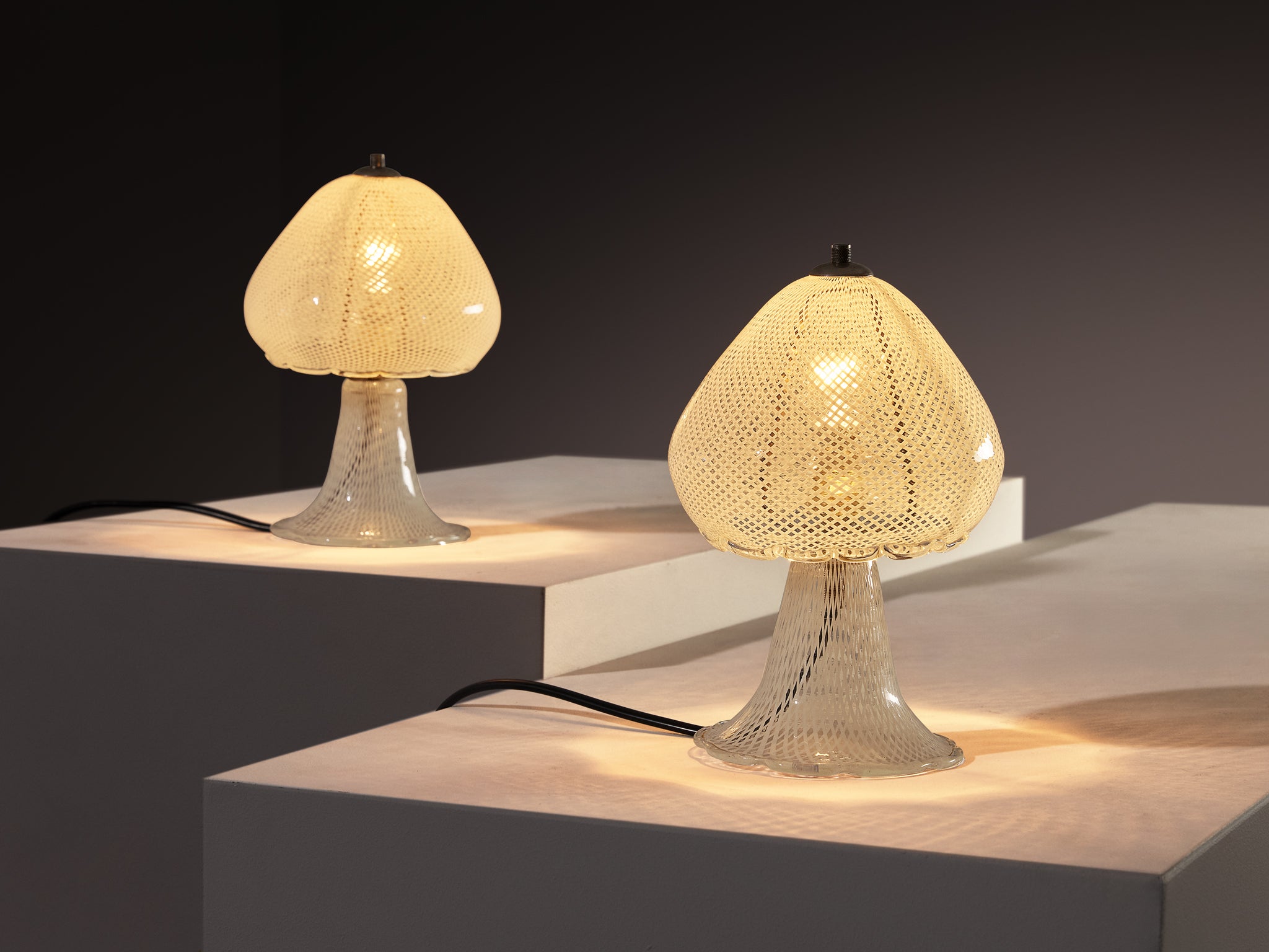 Pair of Italian Table Lamps in Reticello Murano Glass Lighting Morentz