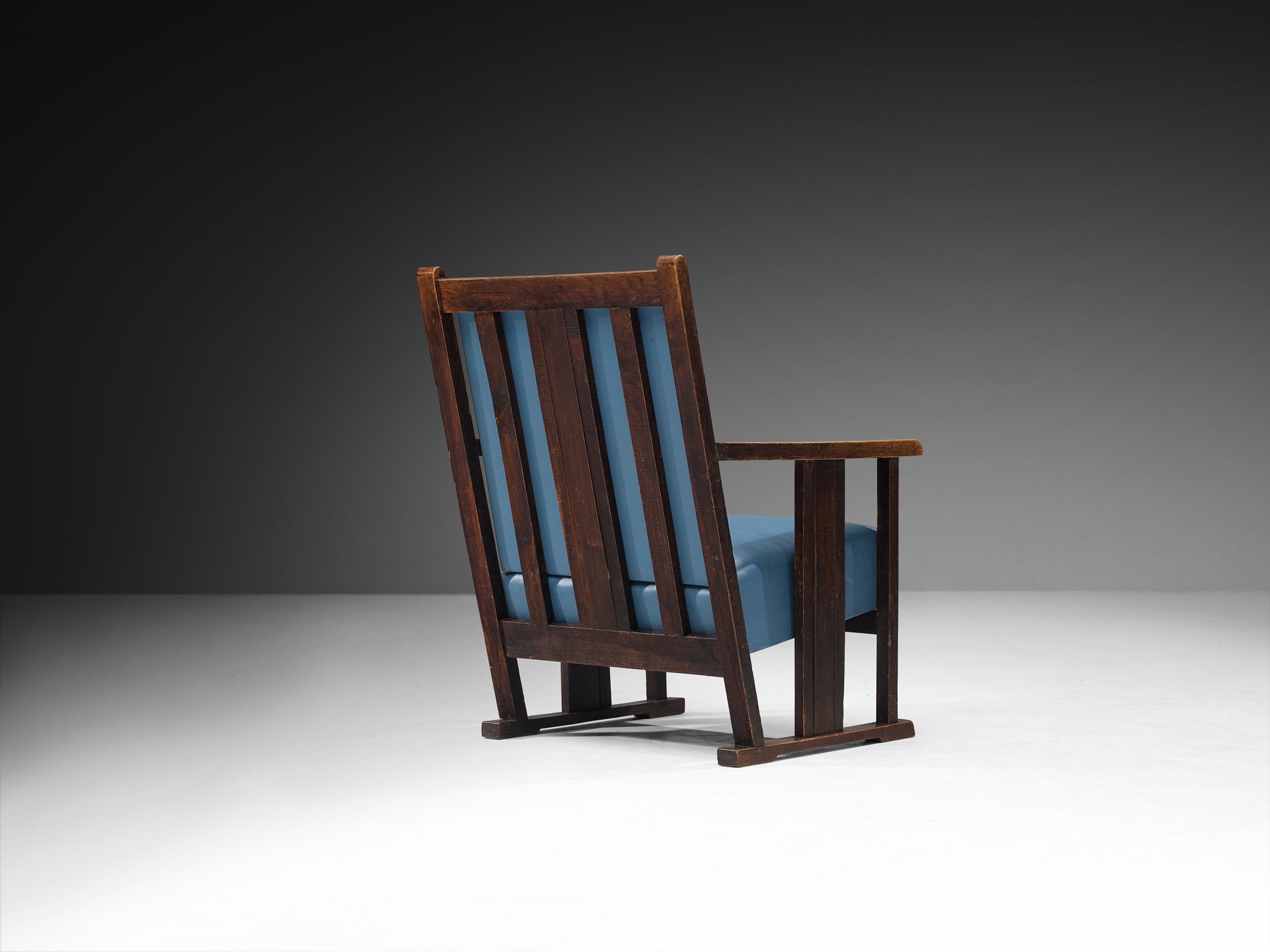 Pair of Dutch Amsterdam School Oak Lounge Chairs in Oak and Blue Leatherette