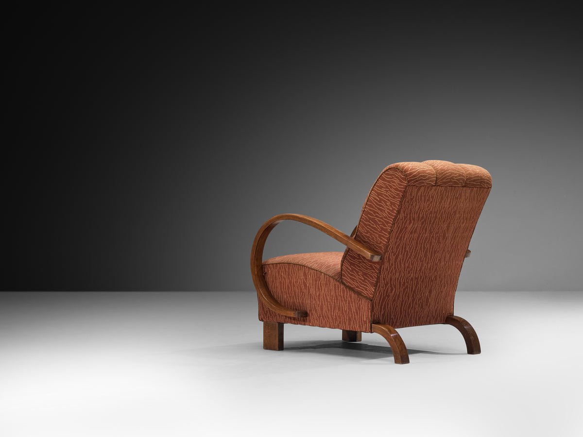 Streamlined Art Deco Lounge Chairs in Terracotta Motif Fabric Seating Morentz