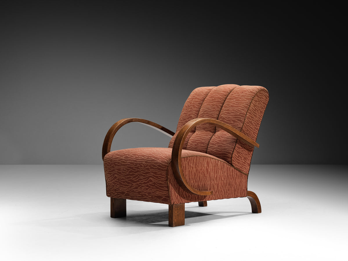 Streamlined Art Deco Lounge Chairs in Terracotta Motif Fabric Seating Morentz