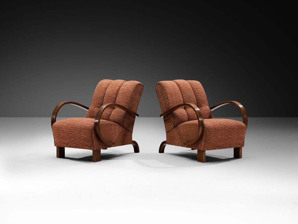 Streamlined Art Deco Lounge Chairs in Terracotta Motif Fabric Seating Morentz