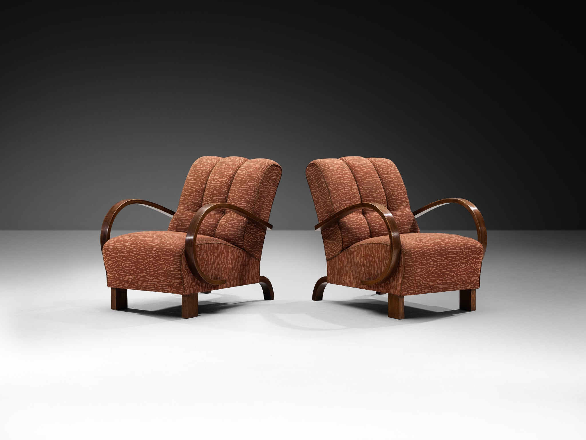 Streamlined Art Deco Lounge Chairs in Terracotta Motif Fabric