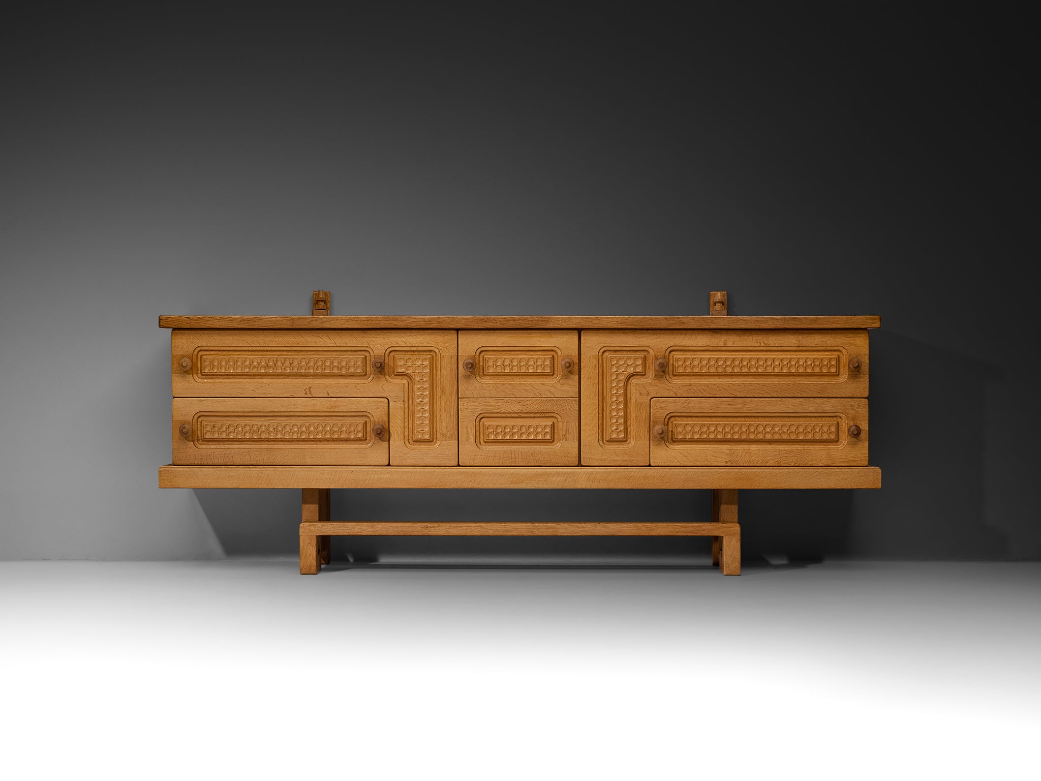 Guillerme & Chambron Angular Carved Sideboard in Solid Oak Case pieces and storage cabinets Morentz