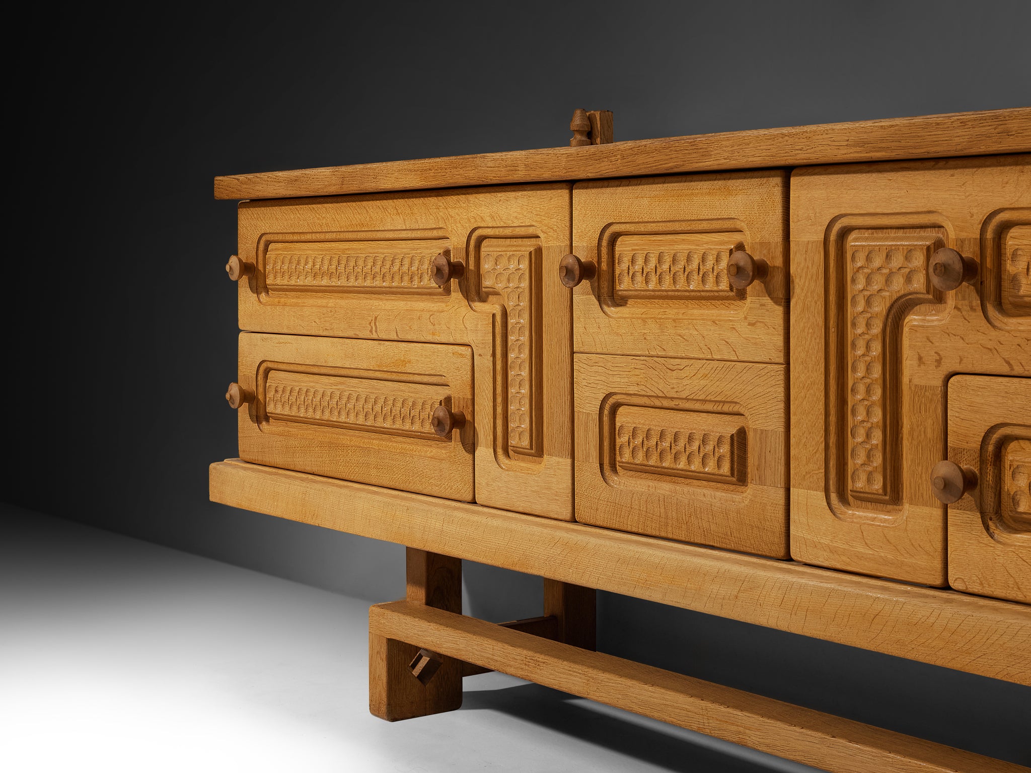 Guillerme & Chambron Angular Carved Sideboard in Solid Oak Case pieces and storage cabinets Morentz