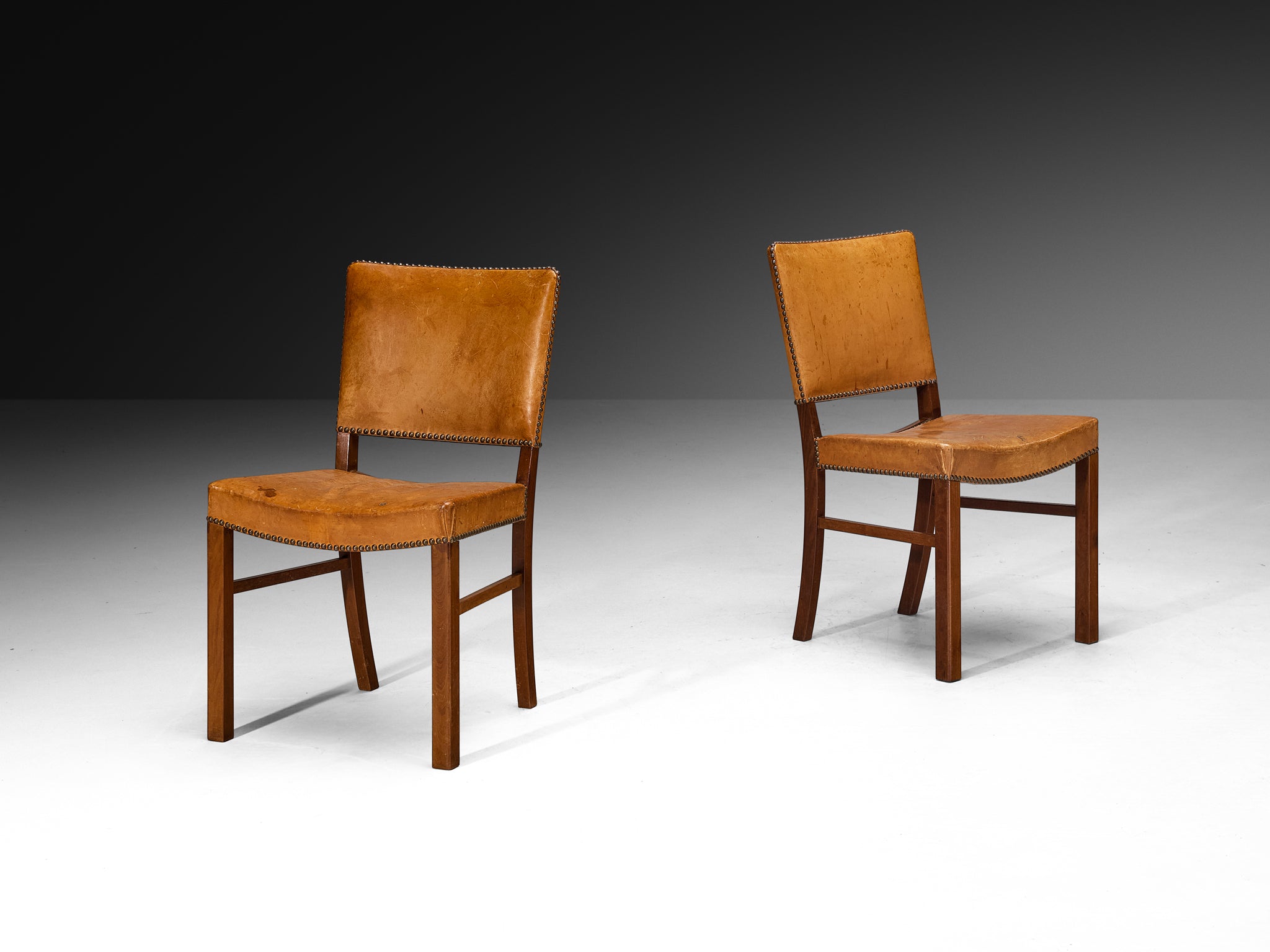 Set of Four Dining Chairs in Original Patinated Cognac Leather and Teak
