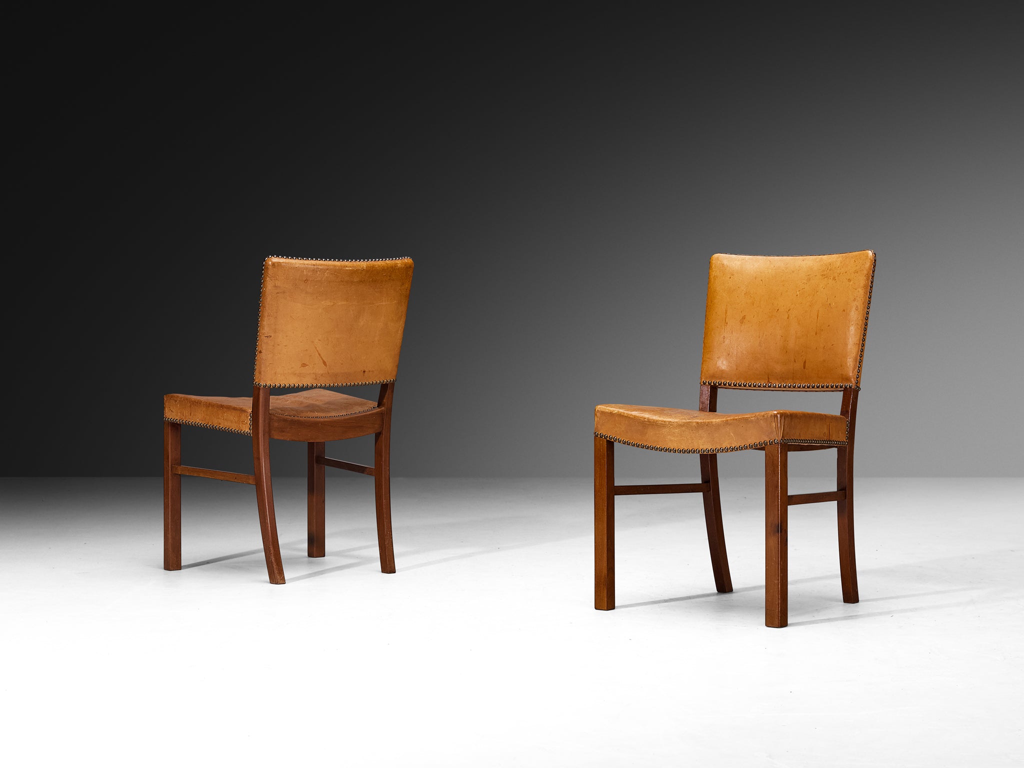 Set of Four Dining Chairs in Original Patinated Cognac Leather and Teak