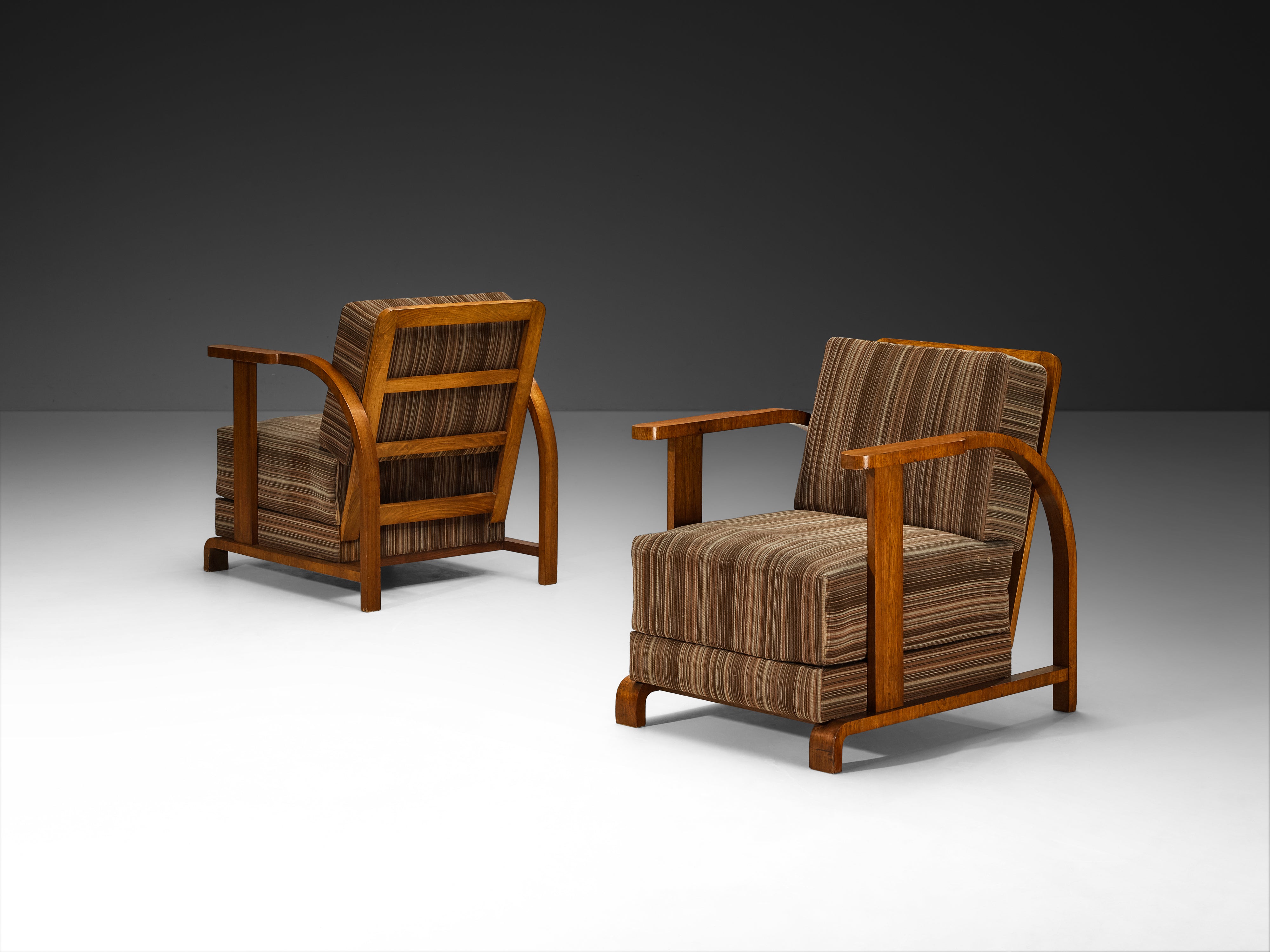 Pair of Art Deco Lounge Chairs in Walnut and Striped Fabric Seating Morentz