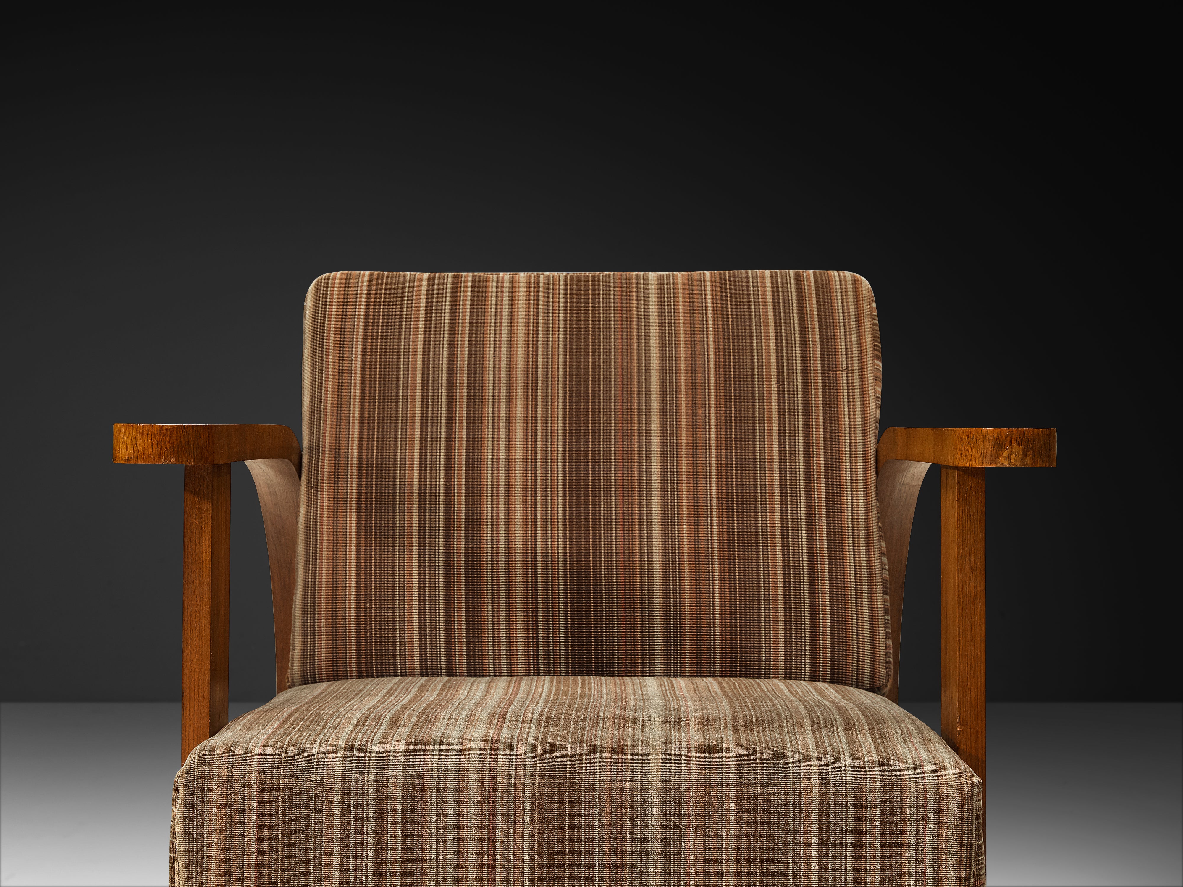 Pair of Art Deco Lounge Chairs in Walnut and Striped Fabric Seating Morentz