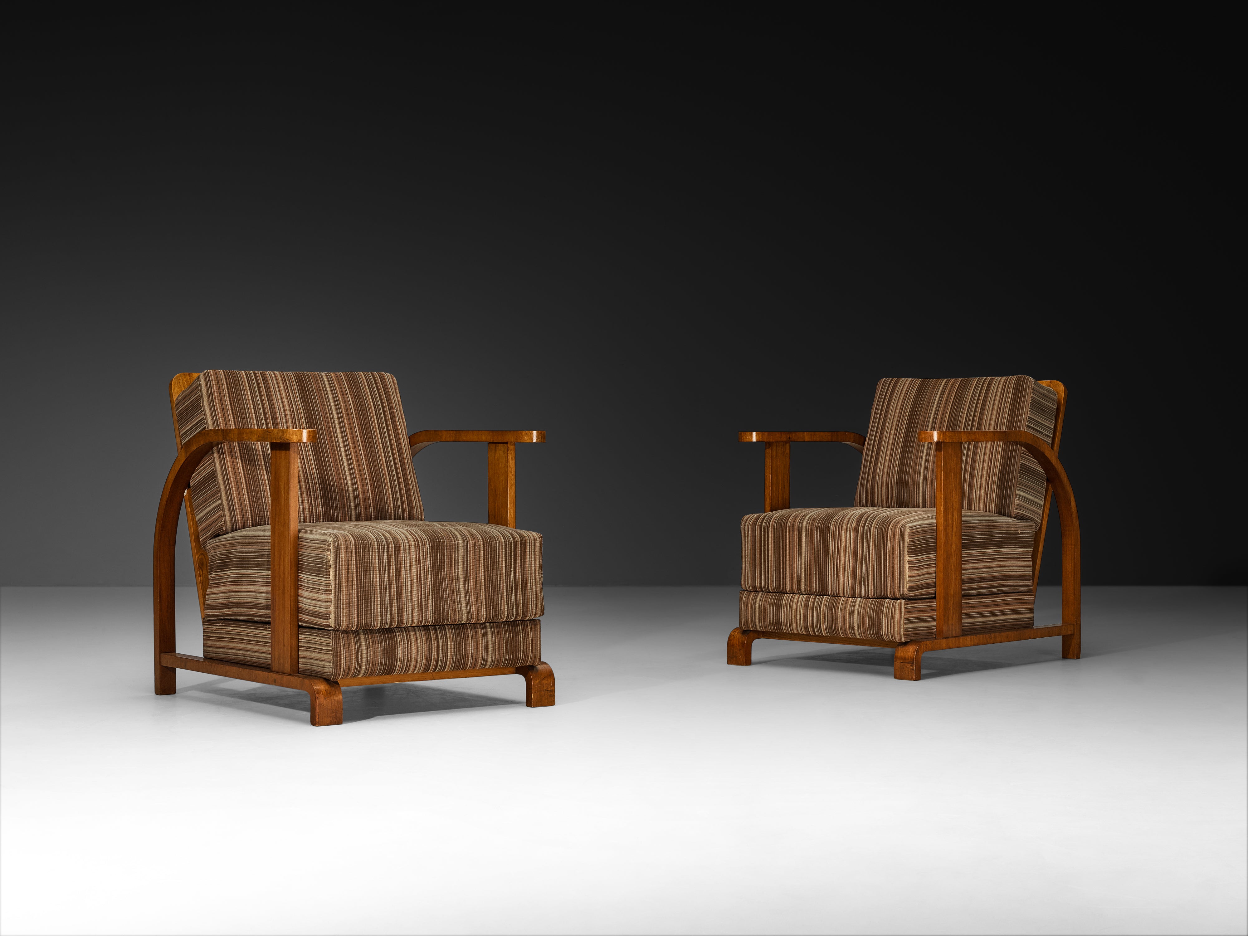 Pair of Art Deco Lounge Chairs in Walnut and Striped Fabric Seating Morentz