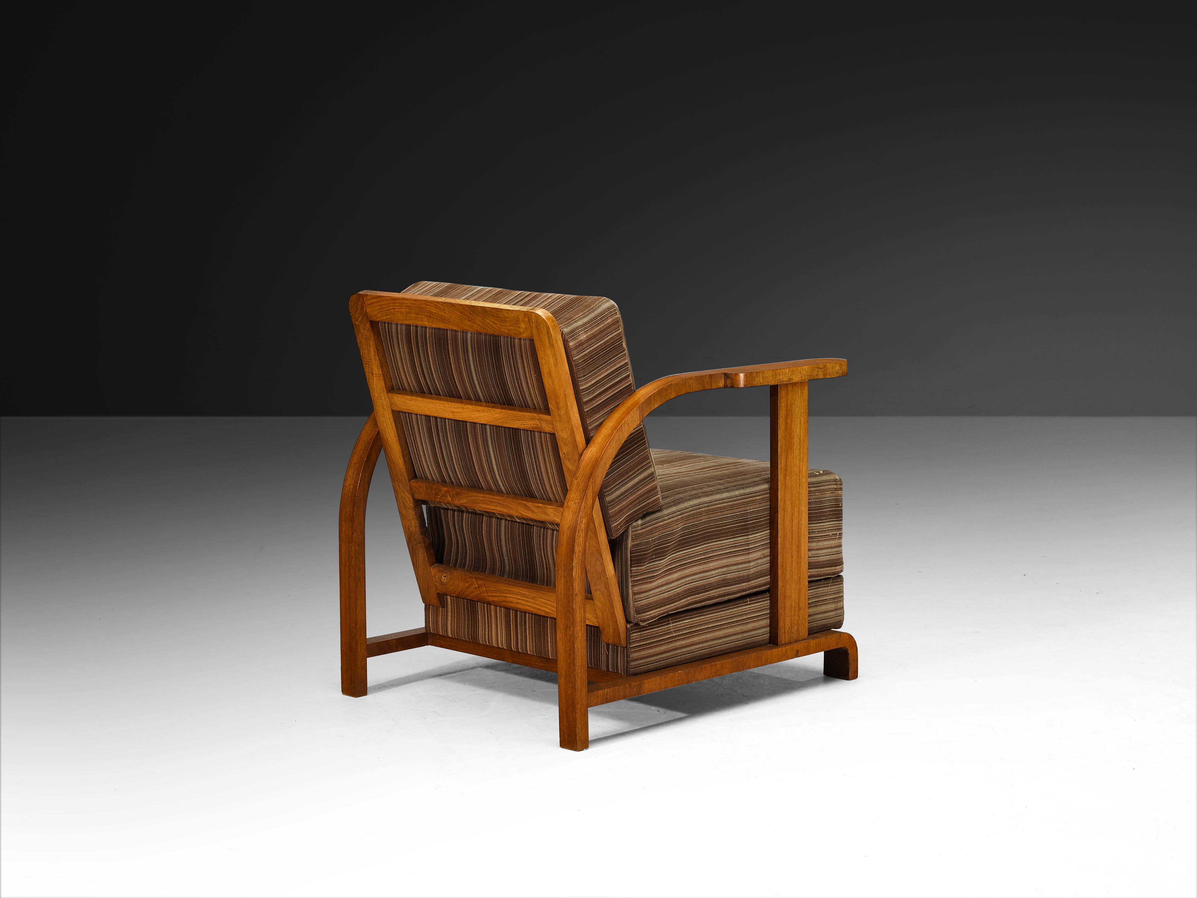 Pair of Art Deco Lounge Chairs in Walnut and Striped Fabric Seating Morentz