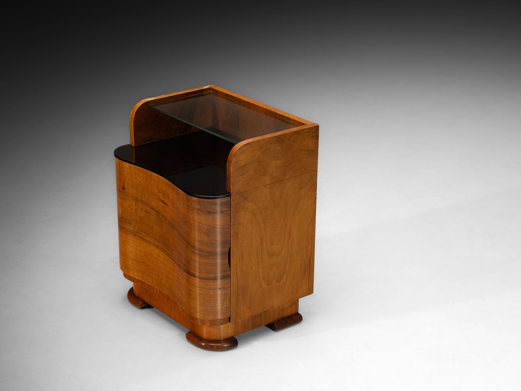 Pair of Italian Art Deco Curved Front Nightstands in Walnut and Glass More Furniture and Collectibles Morentz
