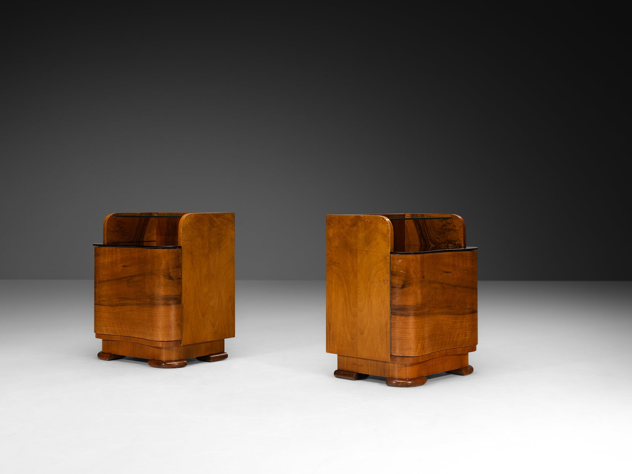 Pair of Italian Art Deco Curved Front Nightstands in Walnut and Glass More Furniture and Collectibles Morentz