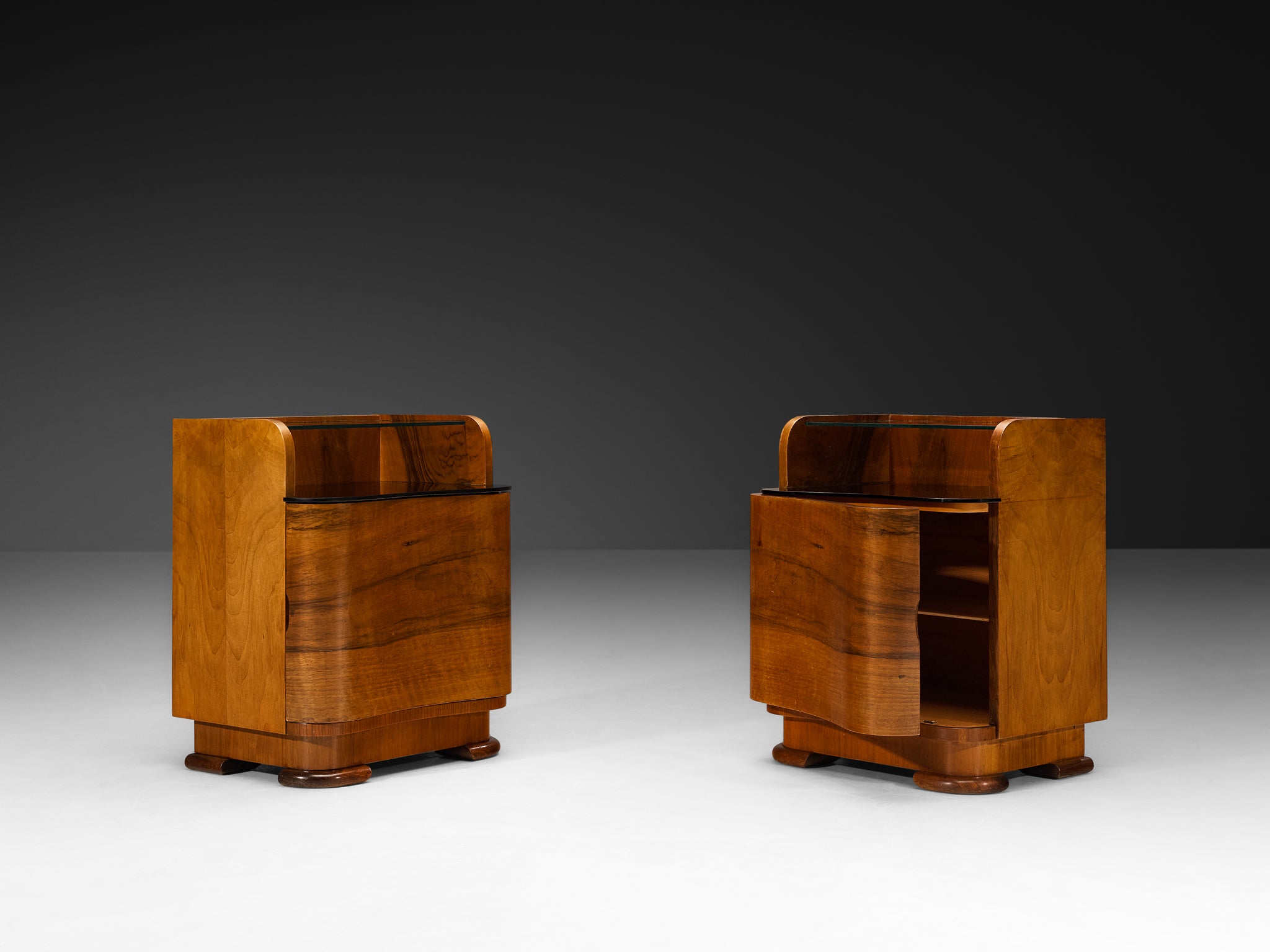 Pair of Italian Art Deco Curved Front Nightstands in Walnut and Glass More Furniture and Collectibles Morentz