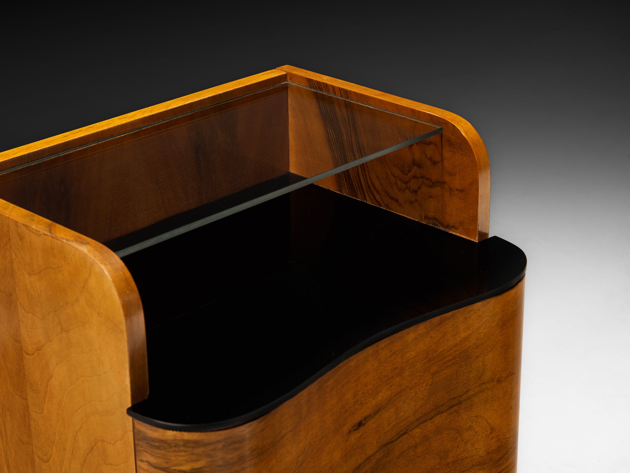 Pair of Italian Art Deco Curved Front Nightstands in Walnut and Glass More Furniture and Collectibles Morentz
