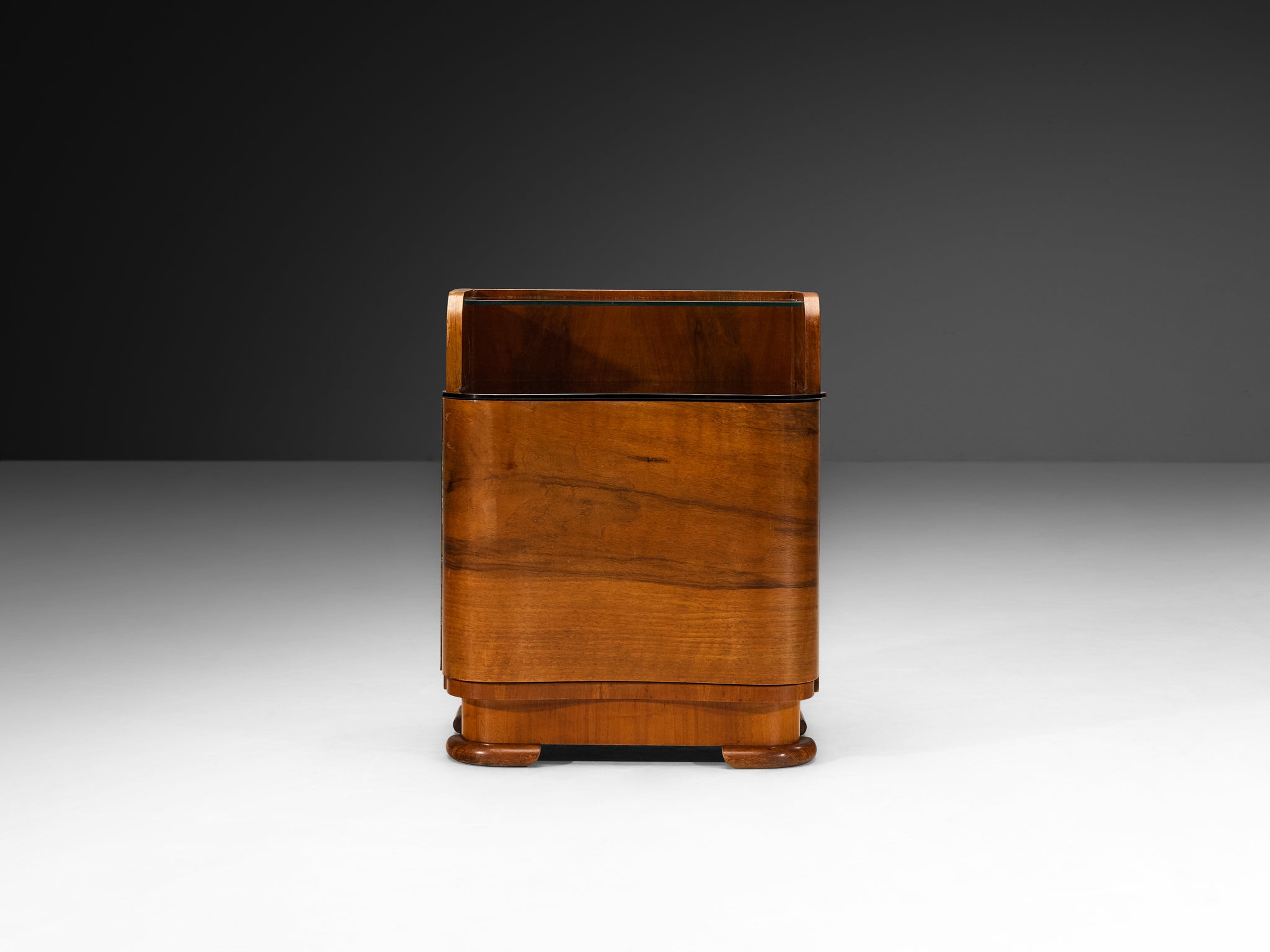 Pair of Italian Art Deco Curved Front Nightstands in Walnut and Glass More Furniture and Collectibles Morentz