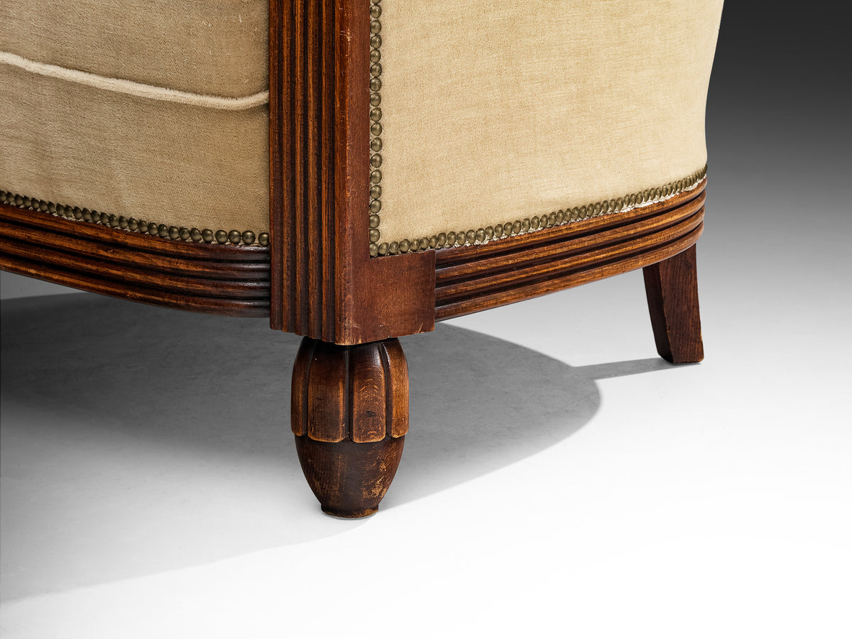 Elegant Art Deco Lounge Chairs in Wood and Taupe Velvet Carved Fluted Feet Seating Morentz