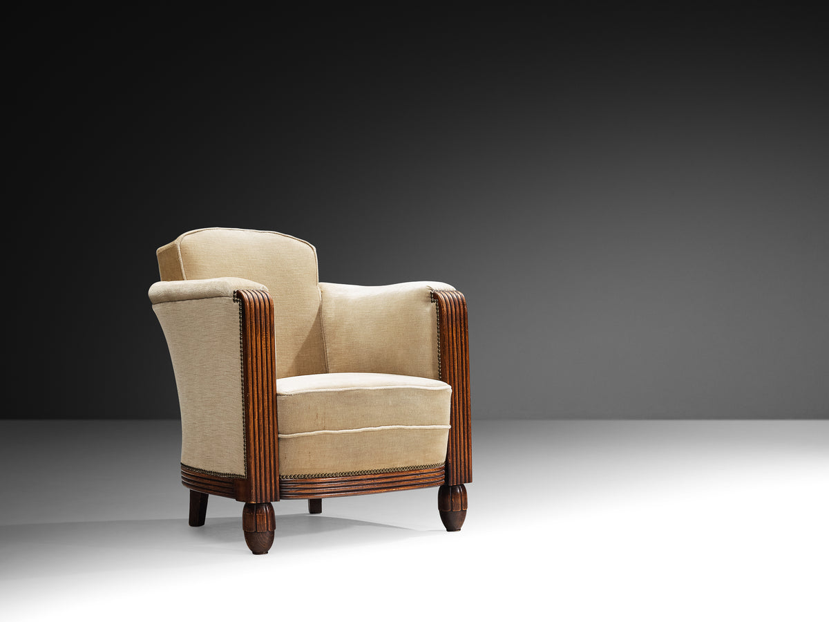 Elegant Art Deco Lounge Chairs in Wood and Taupe Velvet Carved Fluted Feet Seating Morentz