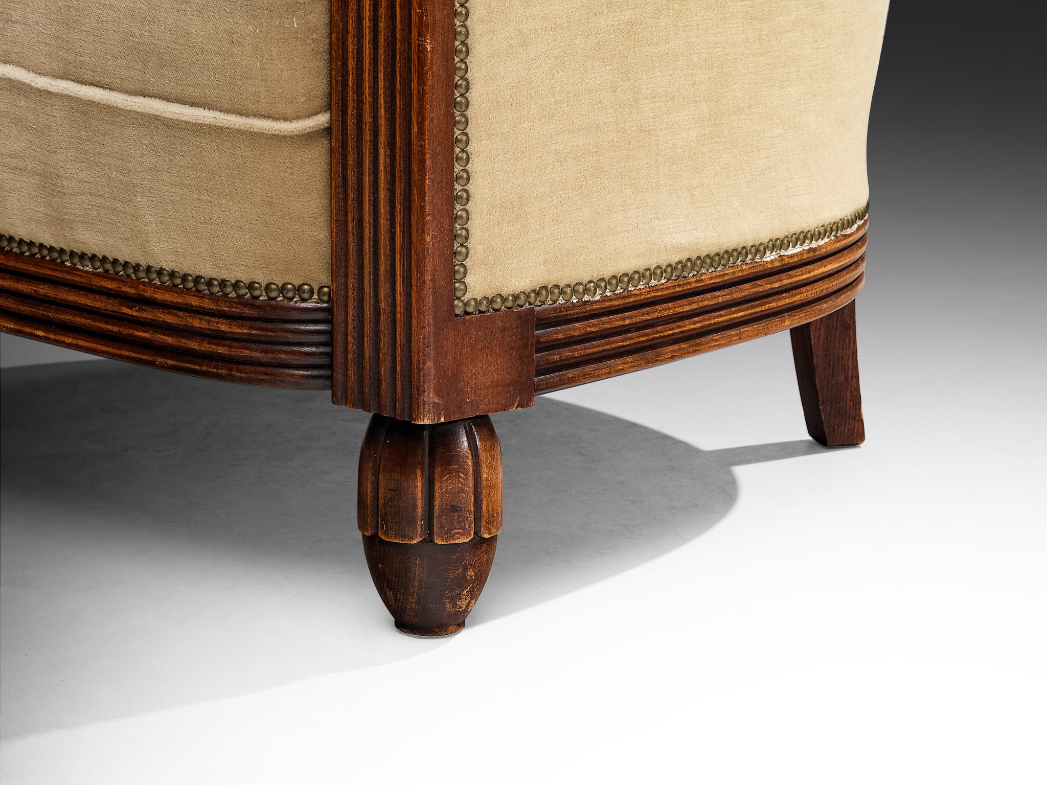 Elegant Art Deco Lounge Chairs in Wood and Taupe Velvet Carved Fluted Feet Seating Morentz
