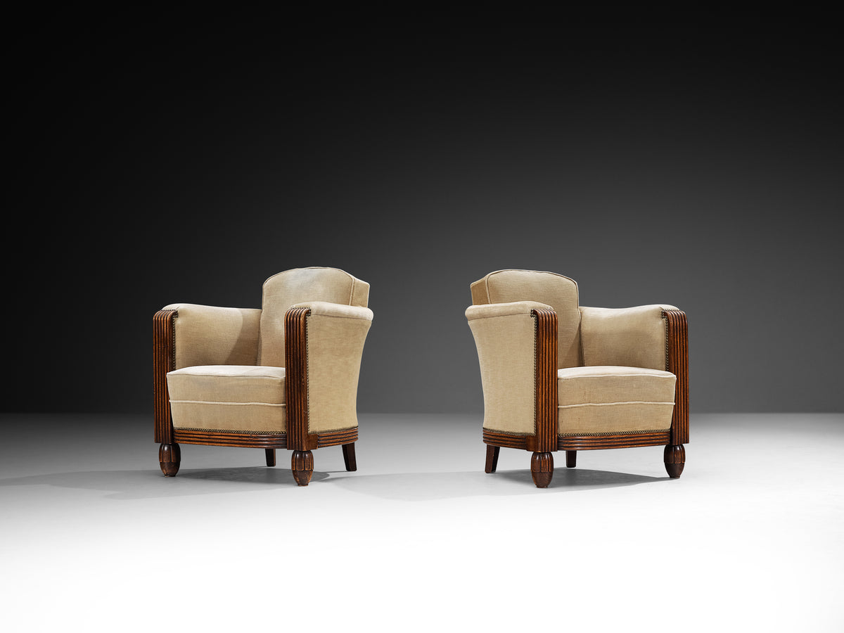 Elegant Art Deco Lounge Chairs in Wood and Taupe Velvet Carved Fluted Feet Seating Morentz