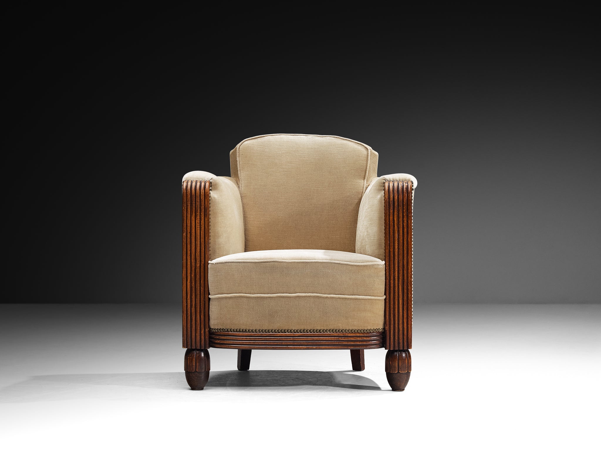 Elegant Art Deco Lounge Chairs in Wood and Taupe Velvet Carved Fluted Feet Seating Morentz