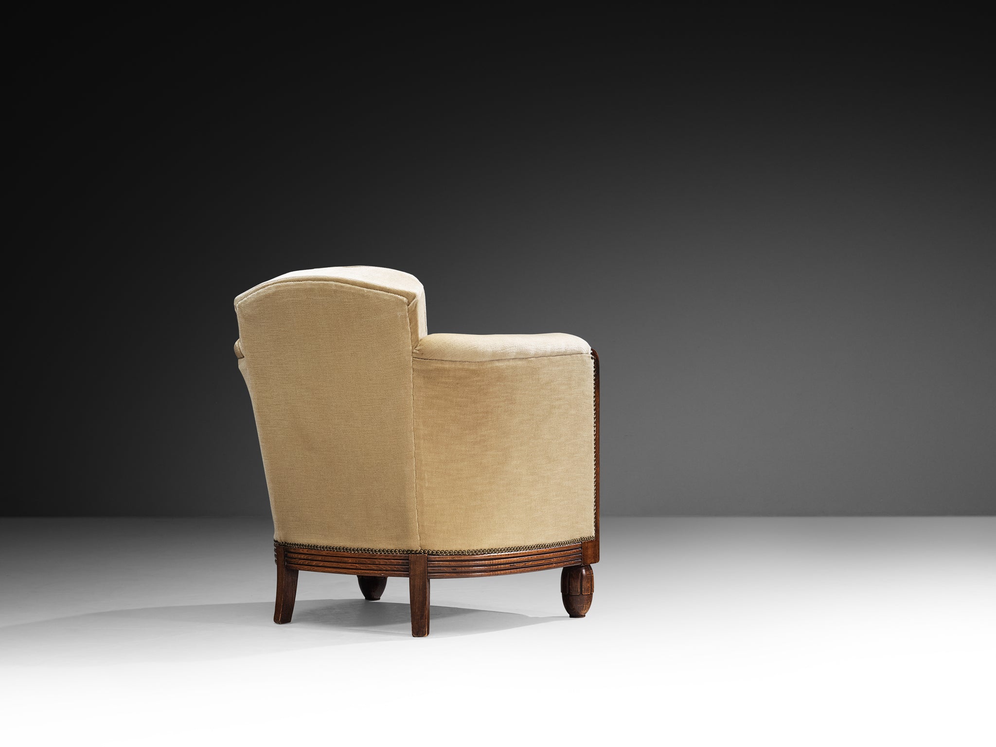Elegant Art Deco Lounge Chairs in Wood and Taupe Velvet Carved Fluted Feet Seating Morentz