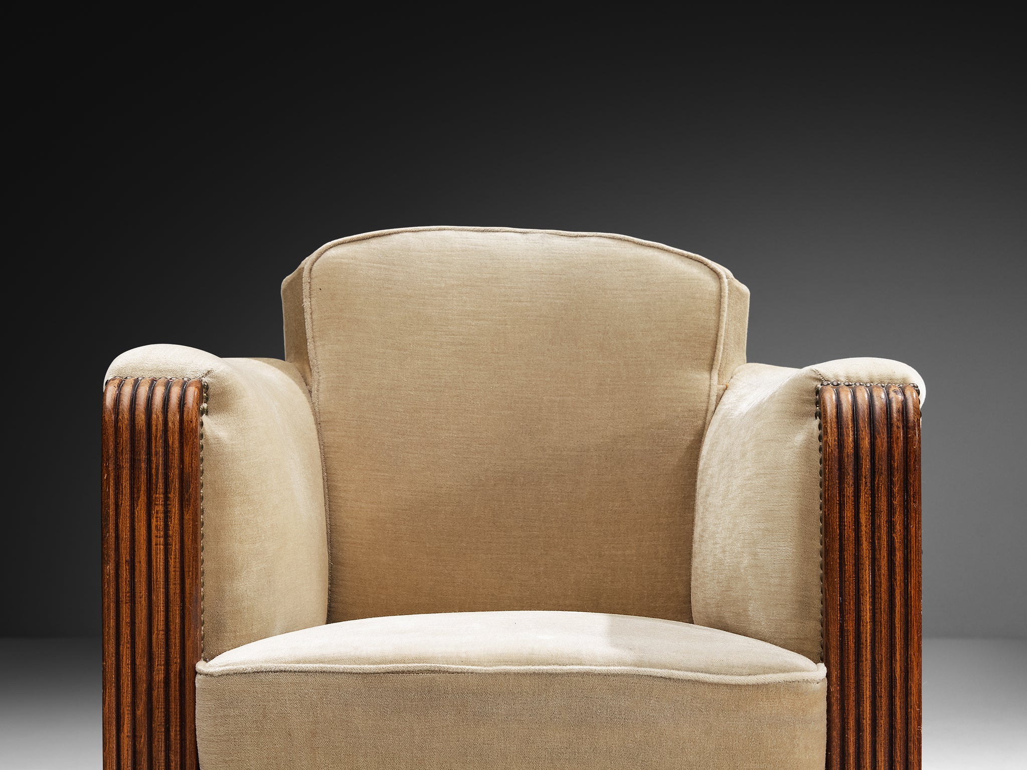 Elegant Art Deco Lounge Chairs in Wood and Taupe Velvet Carved Fluted Feet Seating Morentz