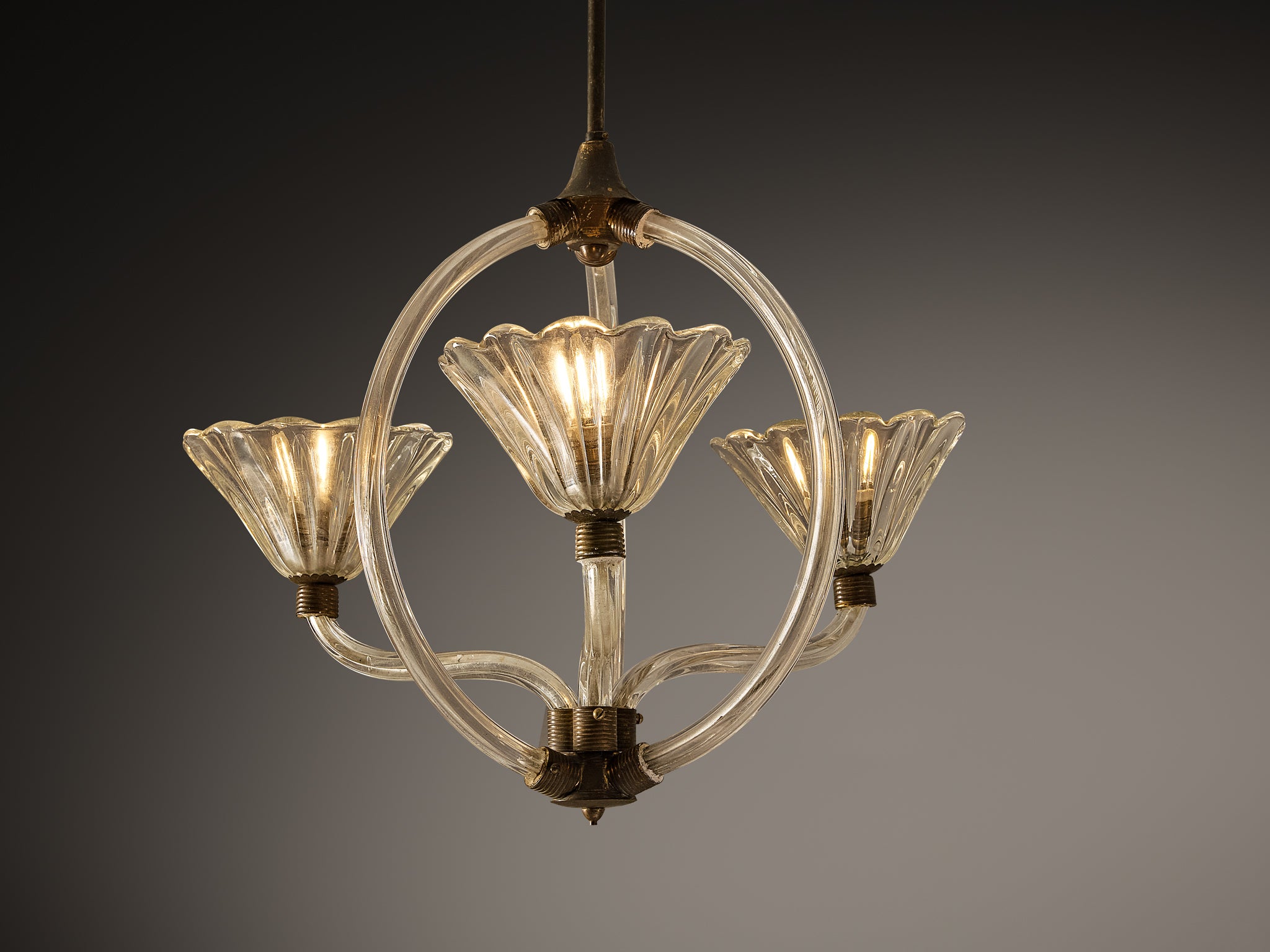Barovier & Toso Italian Chandelier in Crystal Glass and Brass Lighting Morentz
