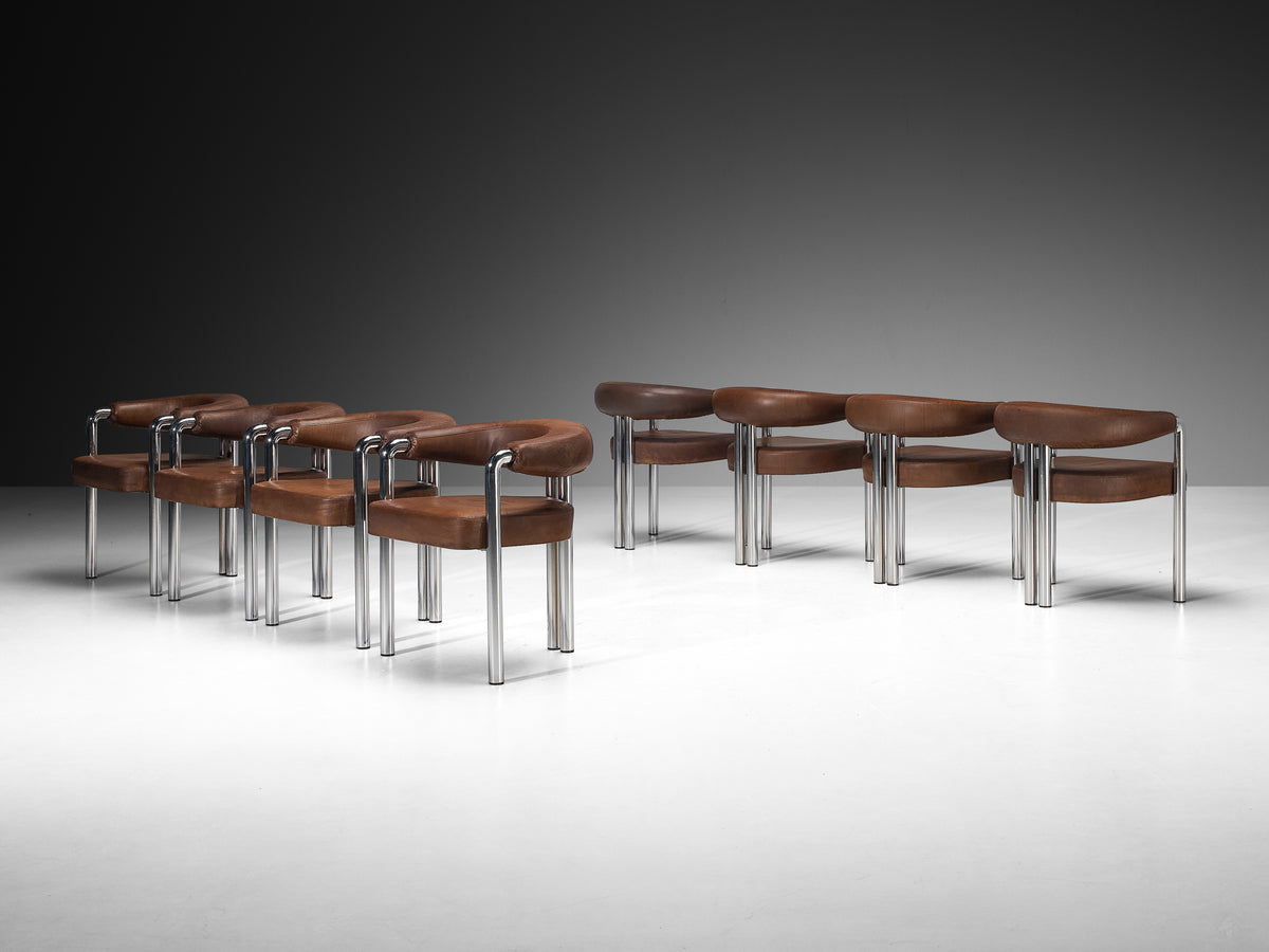 Nienkamper for De Sede Set of Eight Dining Chairs in Leather and Chromed Metal Seating Morentz